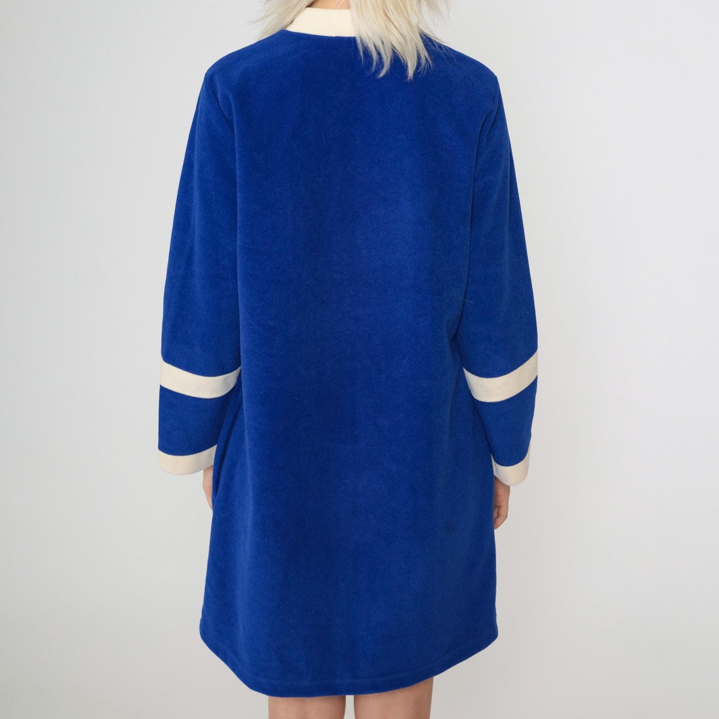 70s Vanity Fair Velour Robe Dress Royal Blue Stripe Mini Mandarin Collar Medium