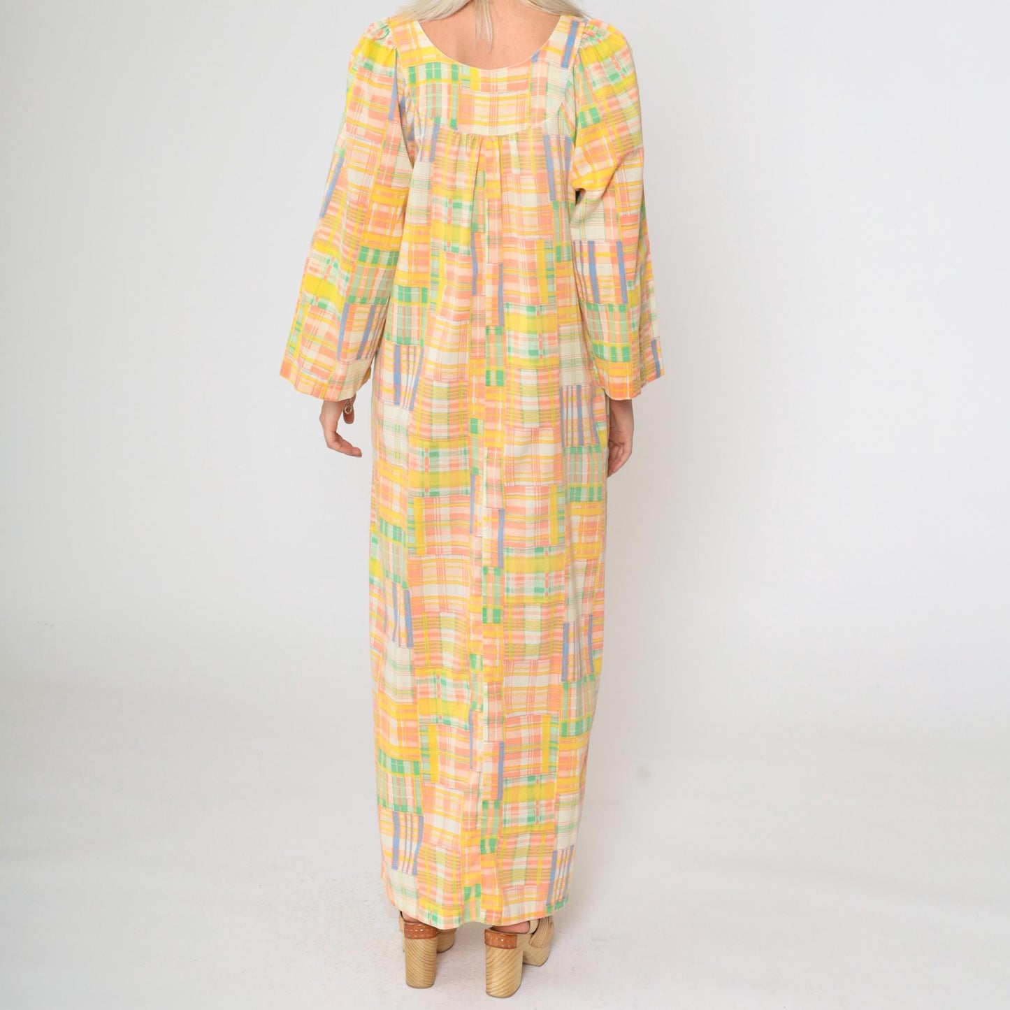 70s Patchwork Plaid Caftan Maxi Dress Wide Sleeve Yellow Peach Small