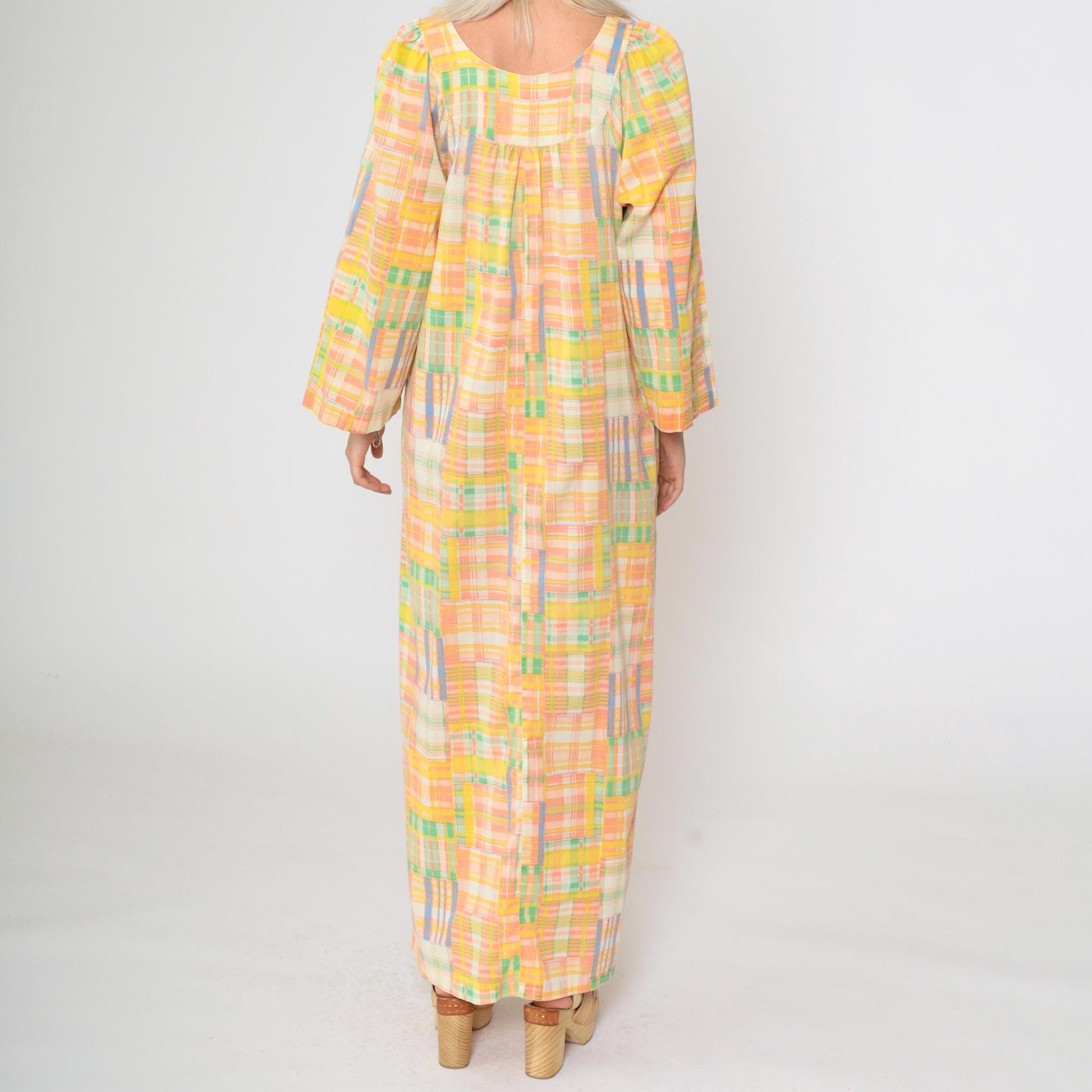 70s Patchwork Plaid Caftan Maxi Dress Wide Sleeve Yellow Peach Small