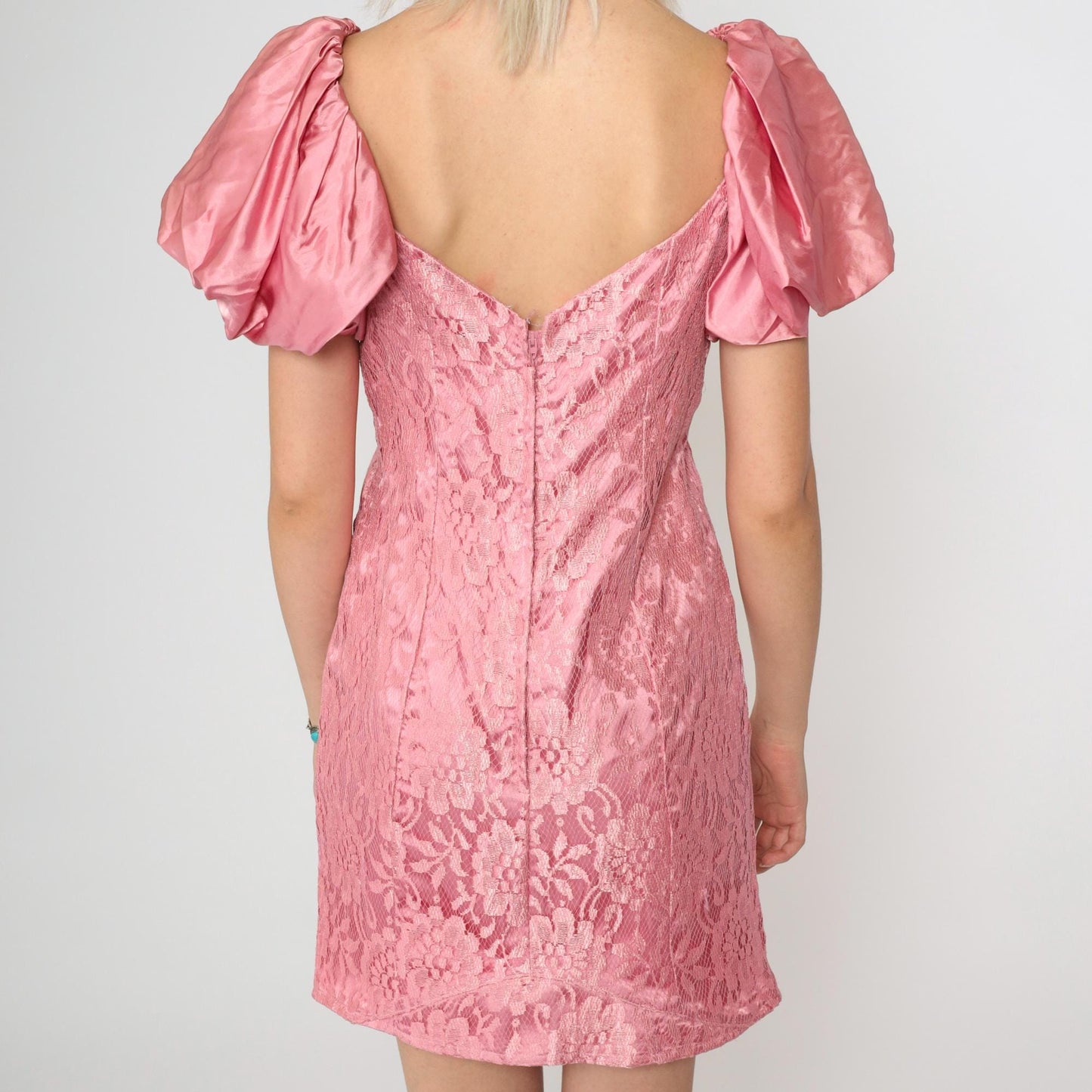80s Pink Lace Mini Dress Puff Sleeve Plunge V-Neck Sheath Small