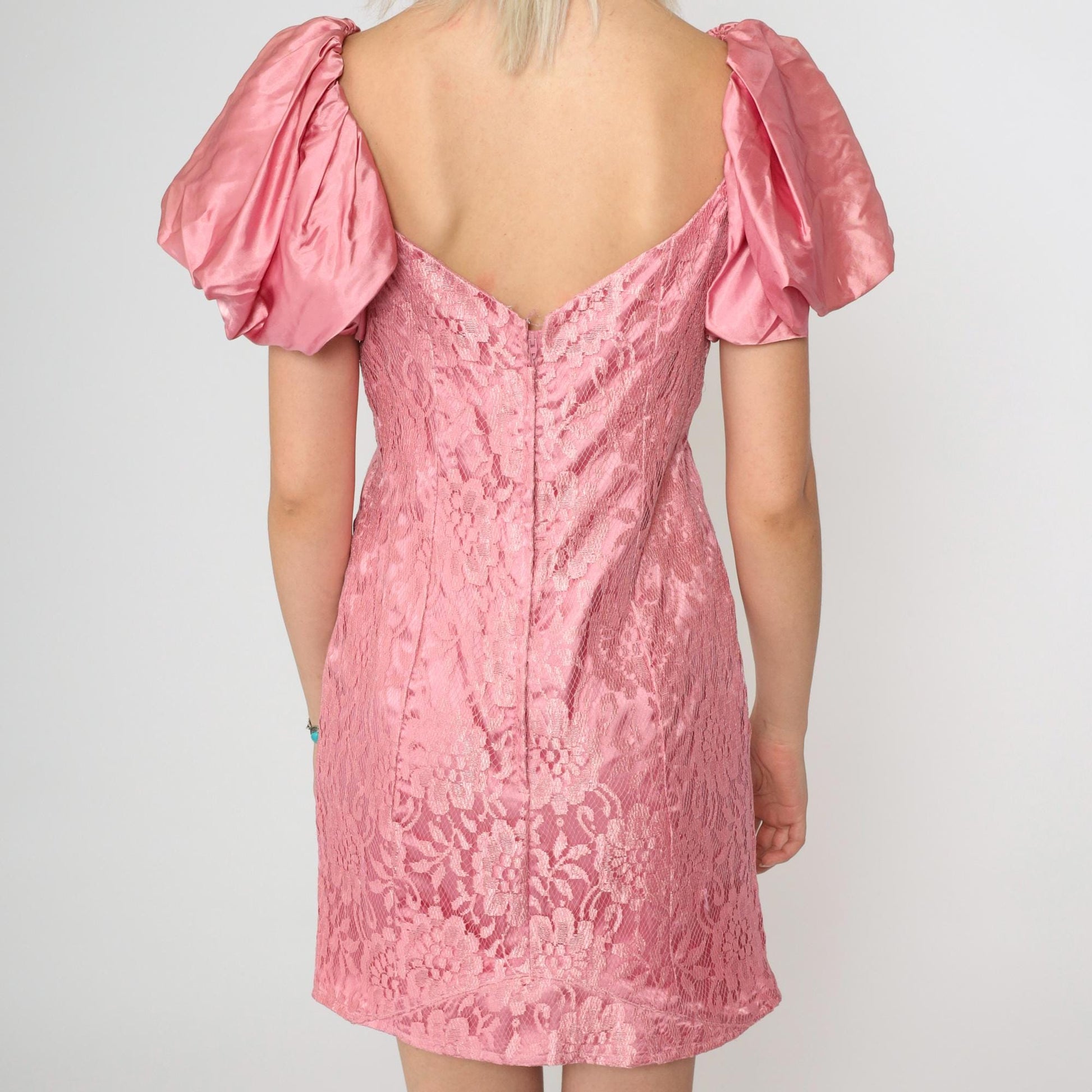 80s Pink Lace Mini Dress Puff Sleeve Plunge V-Neck Sheath Small