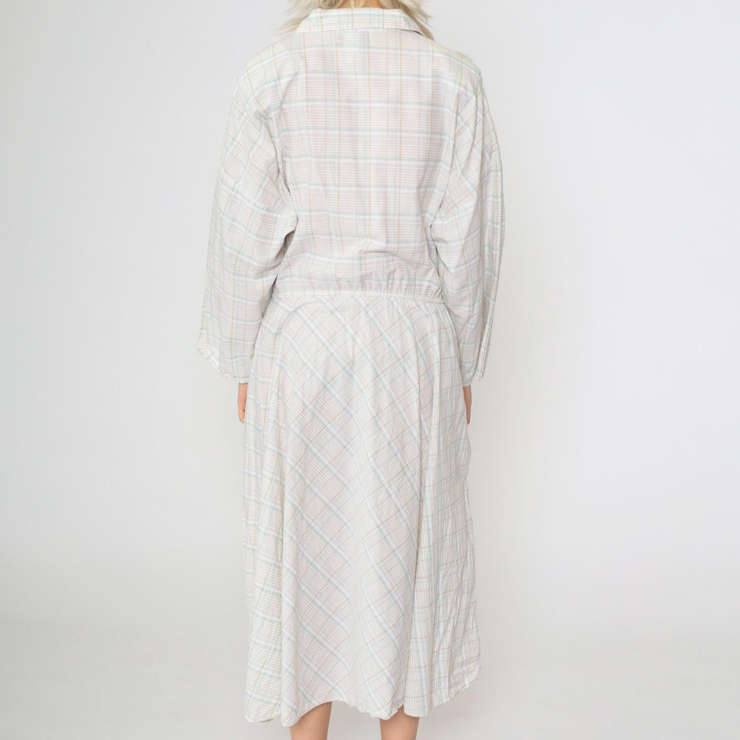 80s American Shirt Dress Plaid Midi Button-Up White Tan Aqua Cotton Medium Large
