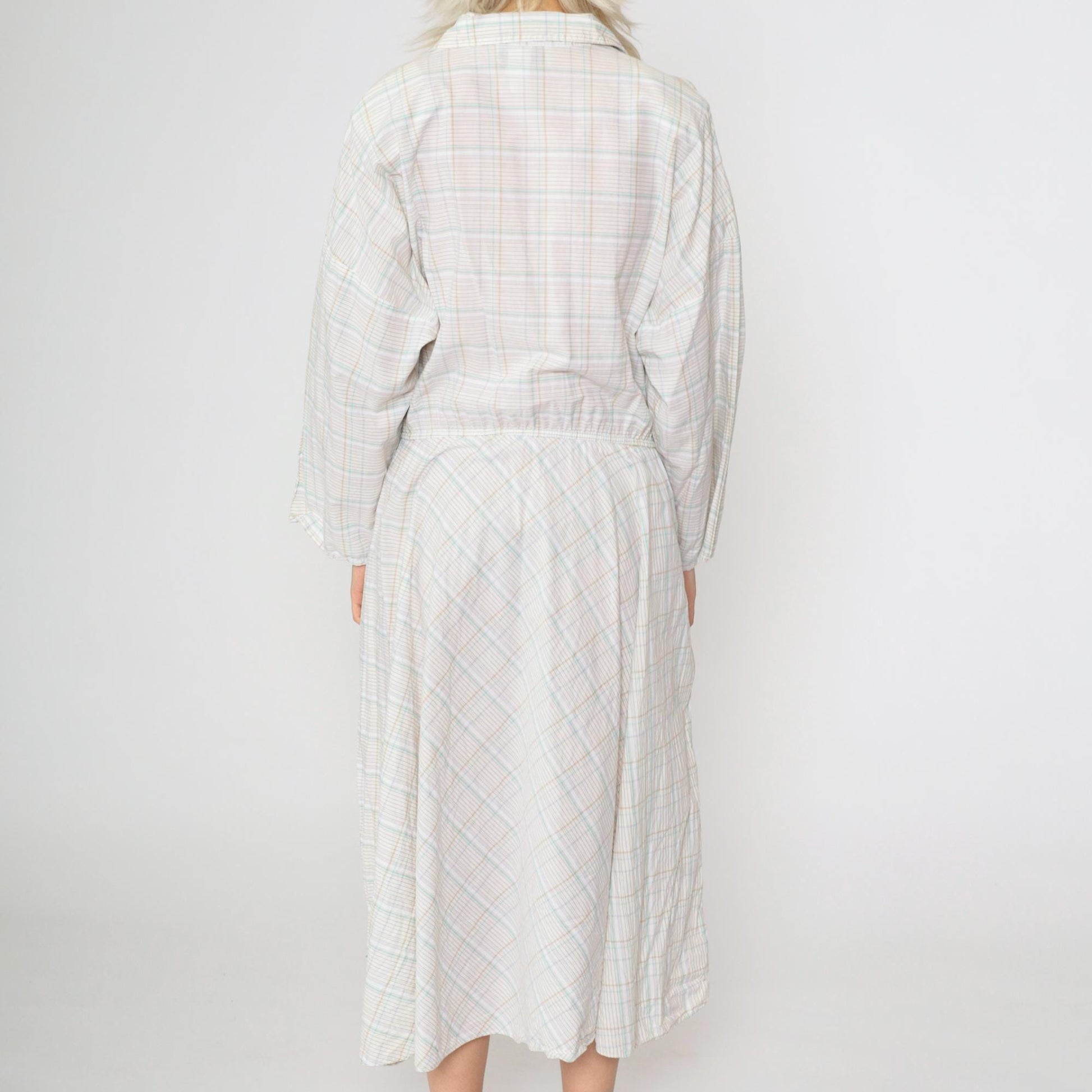 80s American Shirt Dress Plaid Midi Button-Up White Tan Aqua Cotton Medium Large