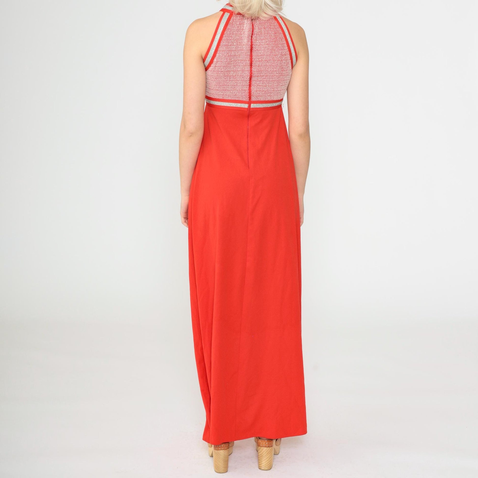 70s Red Metallic Halter Maxi Dress Empire Waist Racerback Extra Small