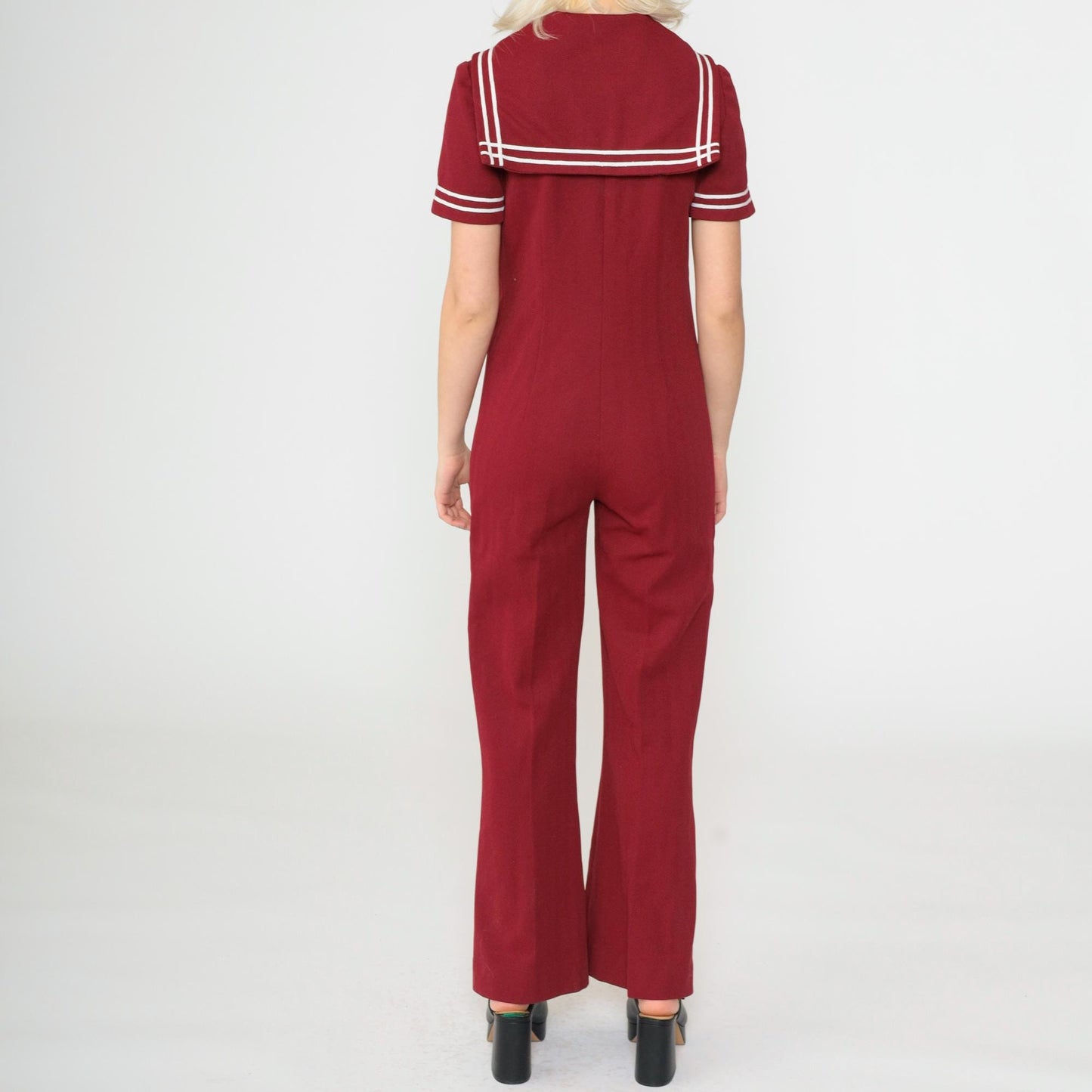 70s Sailor Collar Jumpsuit Burgundy Bell Bottom Zip Front Small