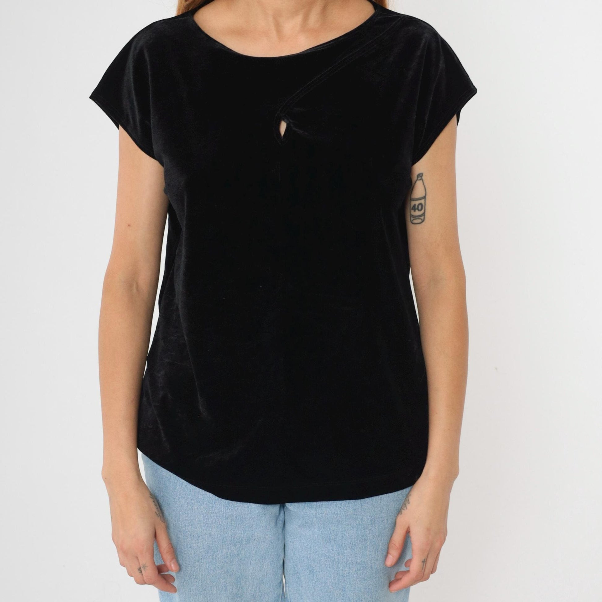 Y2K Black Velvet Keyhole Cutout Blouse Short Sleeve Chico's Top Extra Small