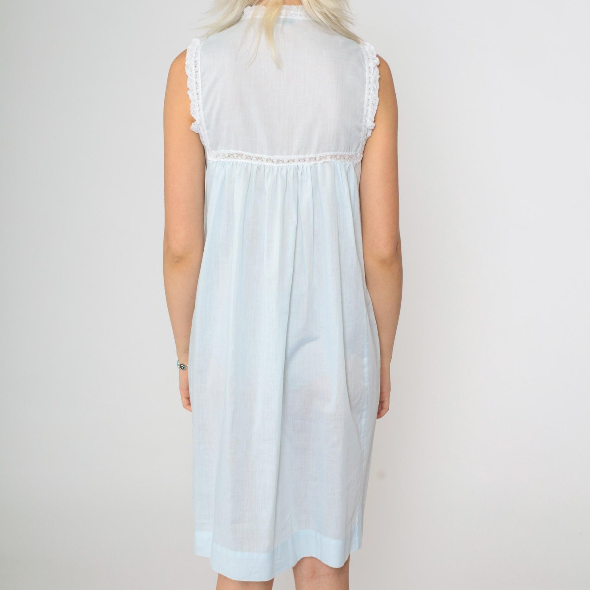 80s Christian Dior Baby Blue Floral Embroidered Nightgown Mini Sleeveless Small