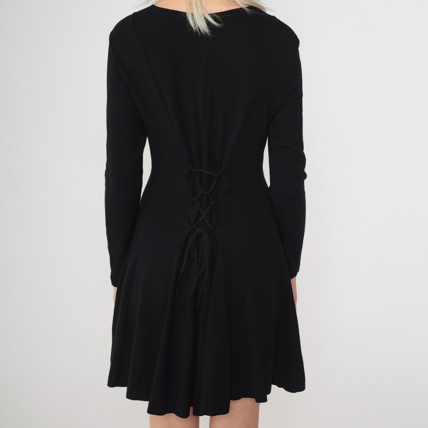 90s Norma Kamali Black Mini Dress Lace-Up Back Long Sleeve Scoop Neck Small Medium