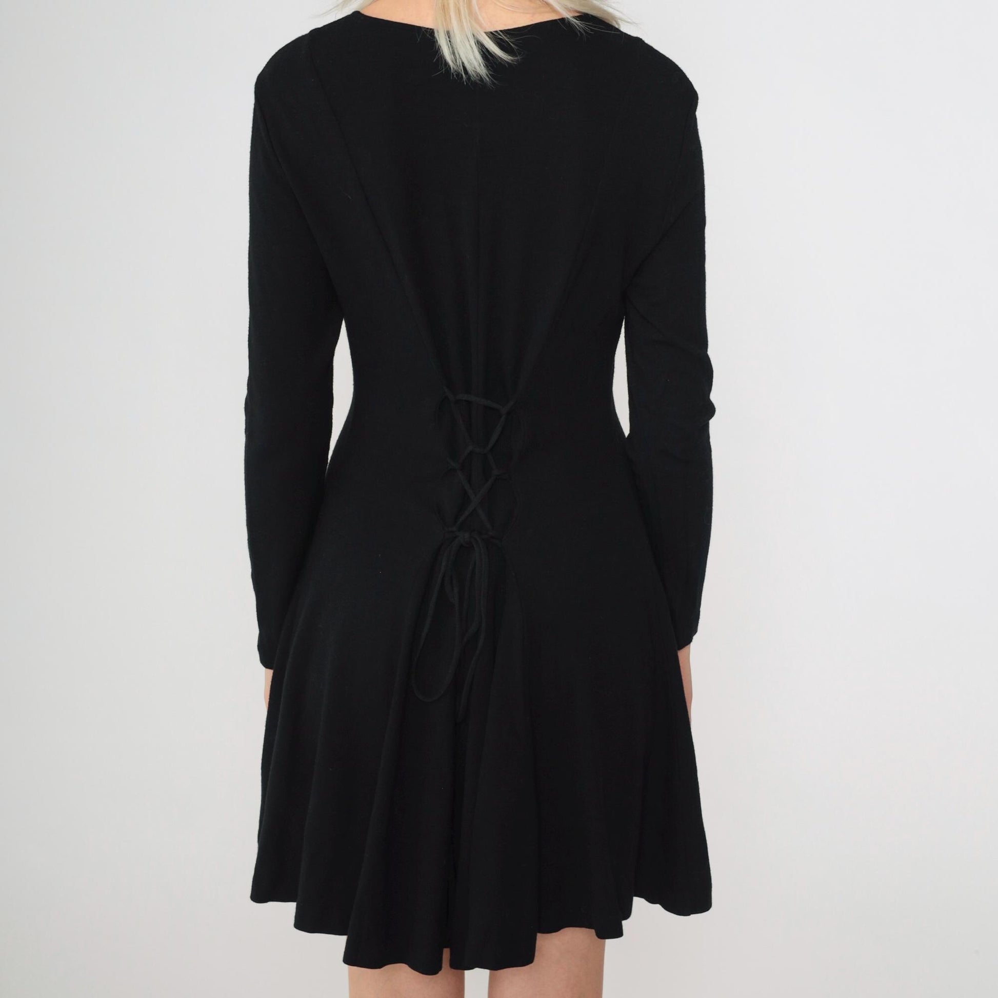 90s Norma Kamali Black Mini Dress Lace-Up Back Long Sleeve Scoop Neck Small Medium