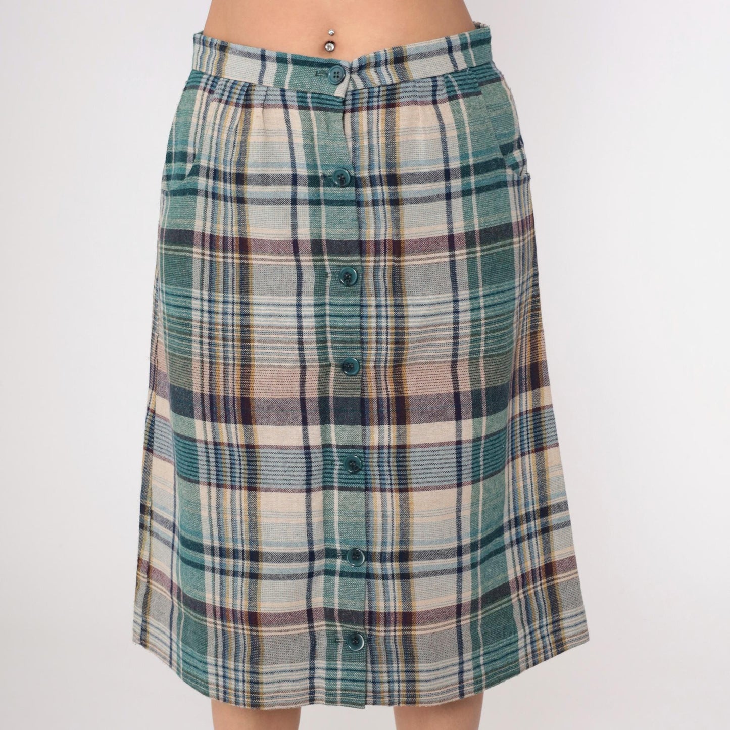 70s Hunter Sportswear Plaid Midi Skirt High Waist A-Line Button Front Teal Beige Medium
