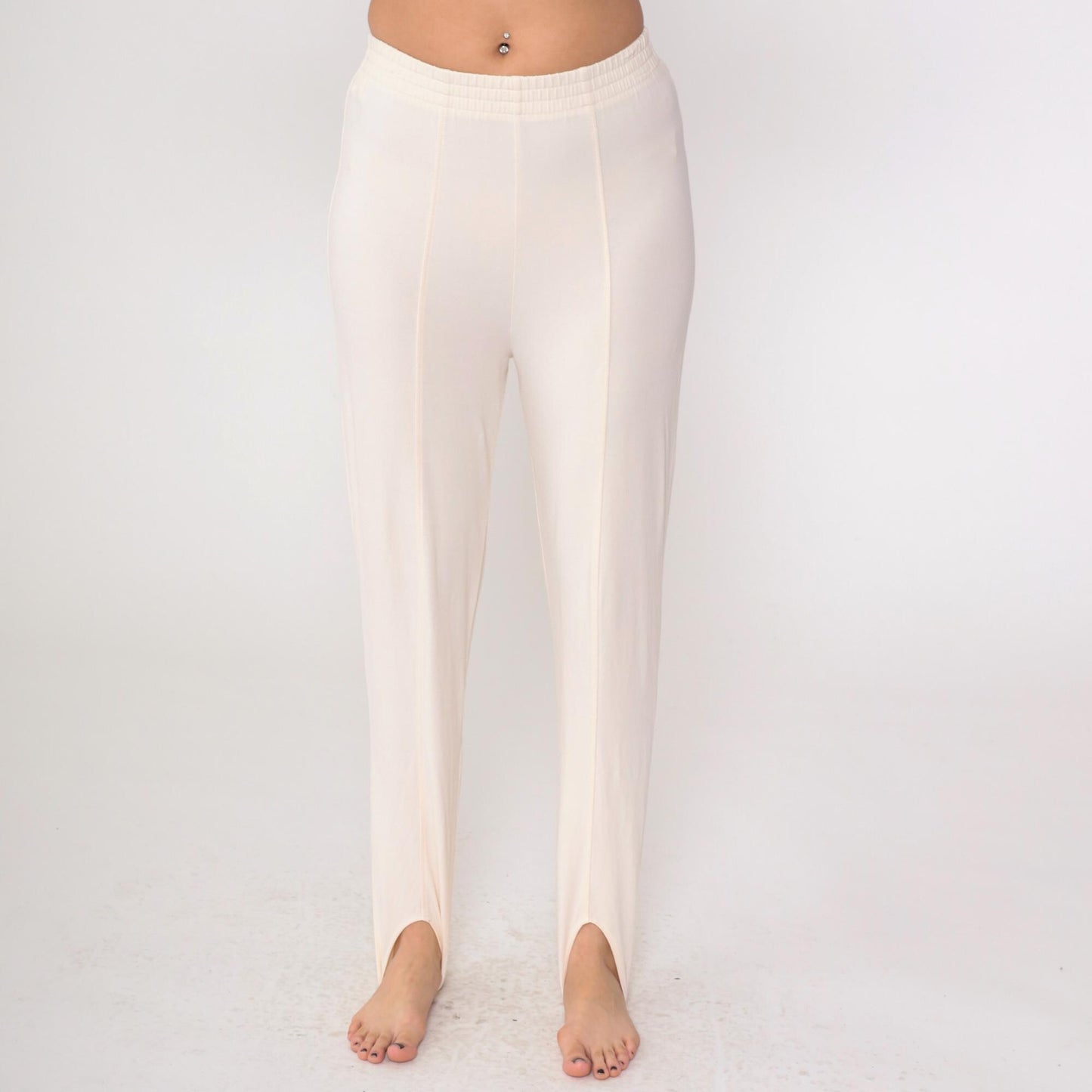 90s Cream Stirrup Pants Tapered High Waist Cotton Petite Medium