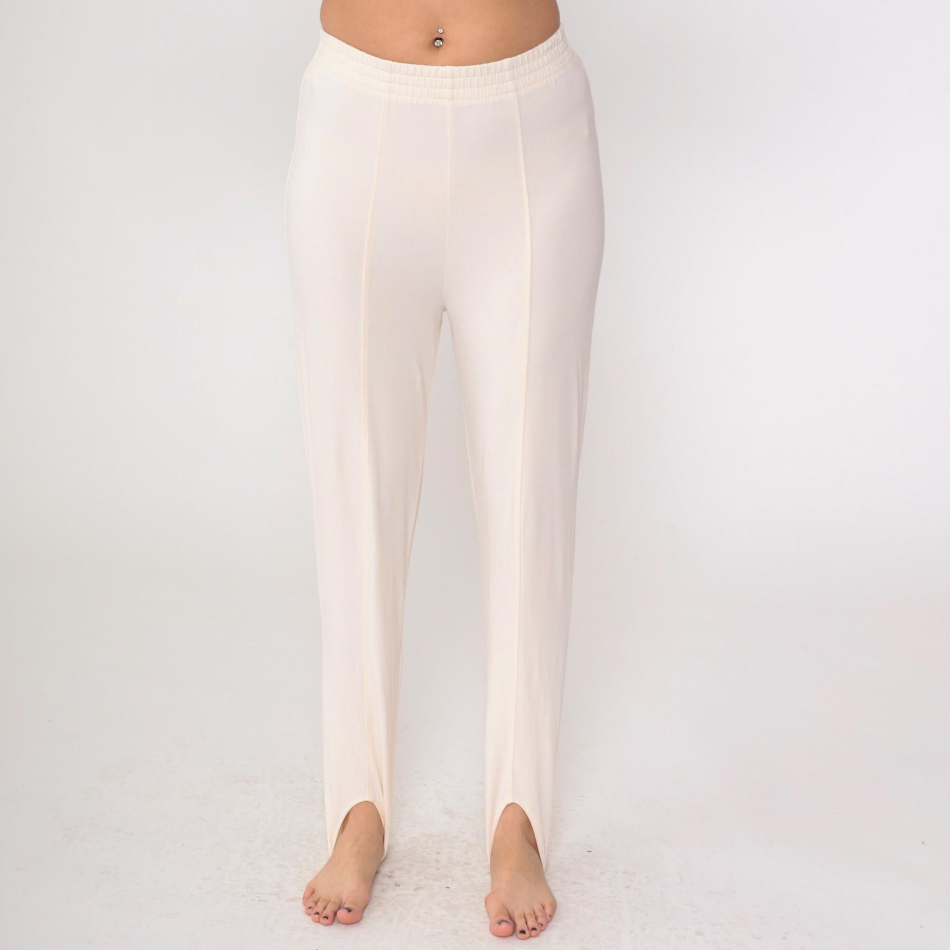 90s Cream Stirrup Pants Tapered High Waist Cotton Petite Medium