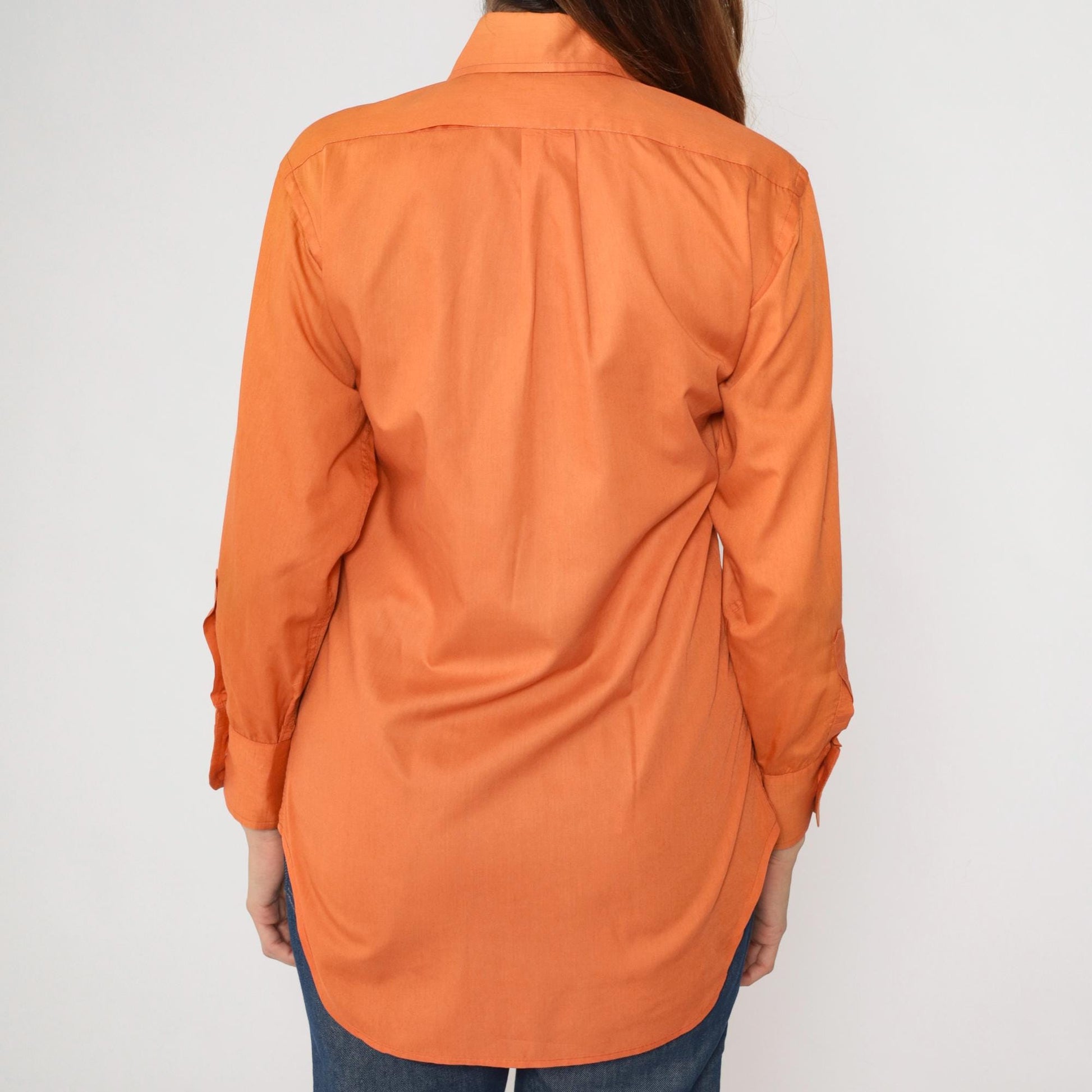 70s Orange Dagger Collar Button-Up Shirt Long Sleeve Men's Small