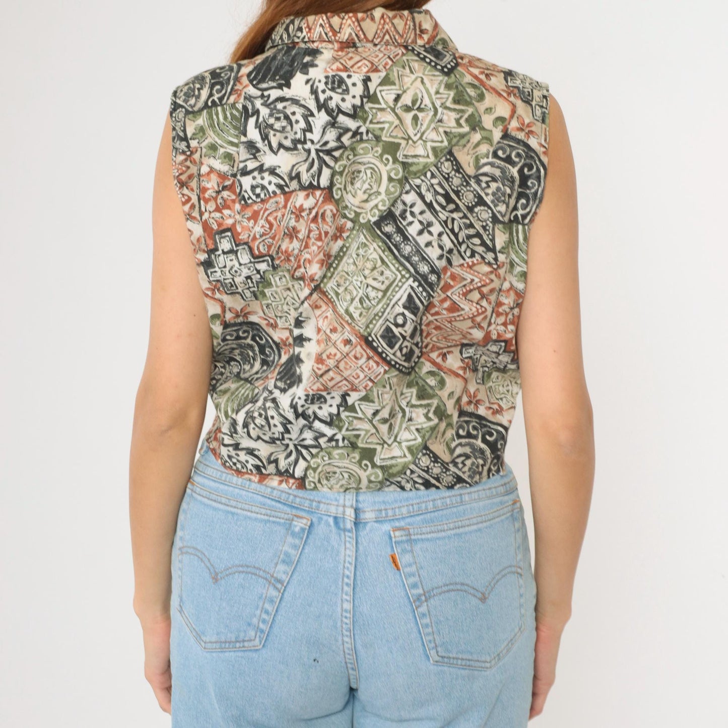 90s Bonjour Patchwork Floral Crop Top Sleeveless Button-Up Blouse Green Extra Large