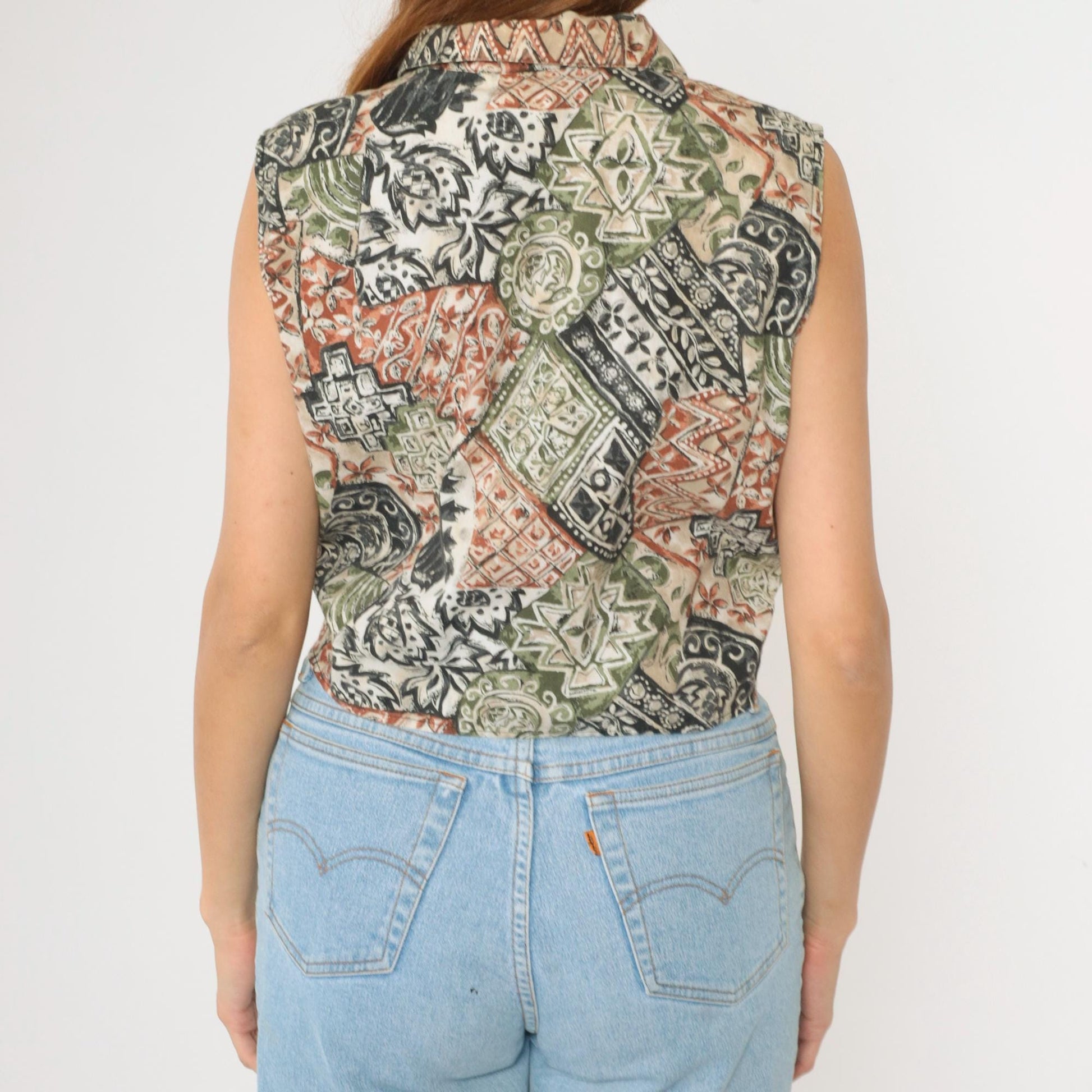 90s Bonjour Patchwork Floral Crop Top Sleeveless Button-Up Blouse Green Extra Large