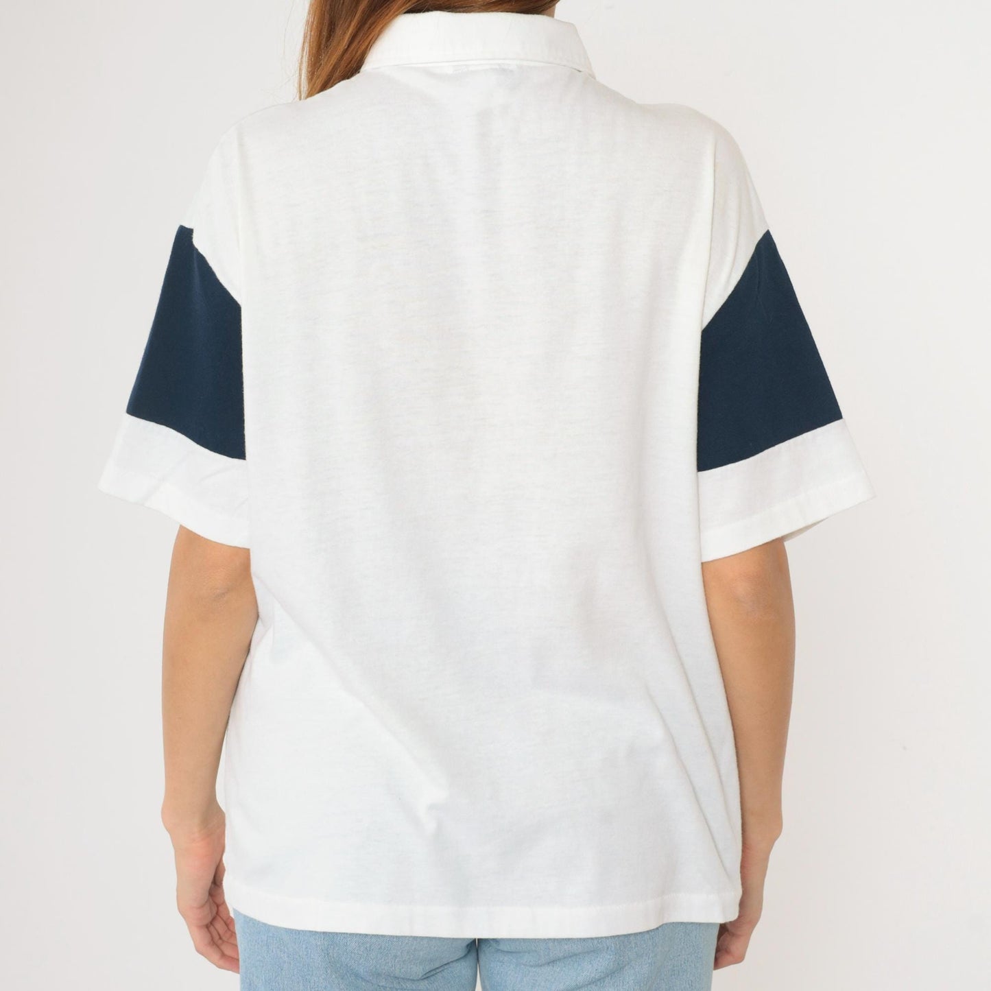 80s J. Blair Striped Polo Shirt White Navy Quarter Button Collared Large L