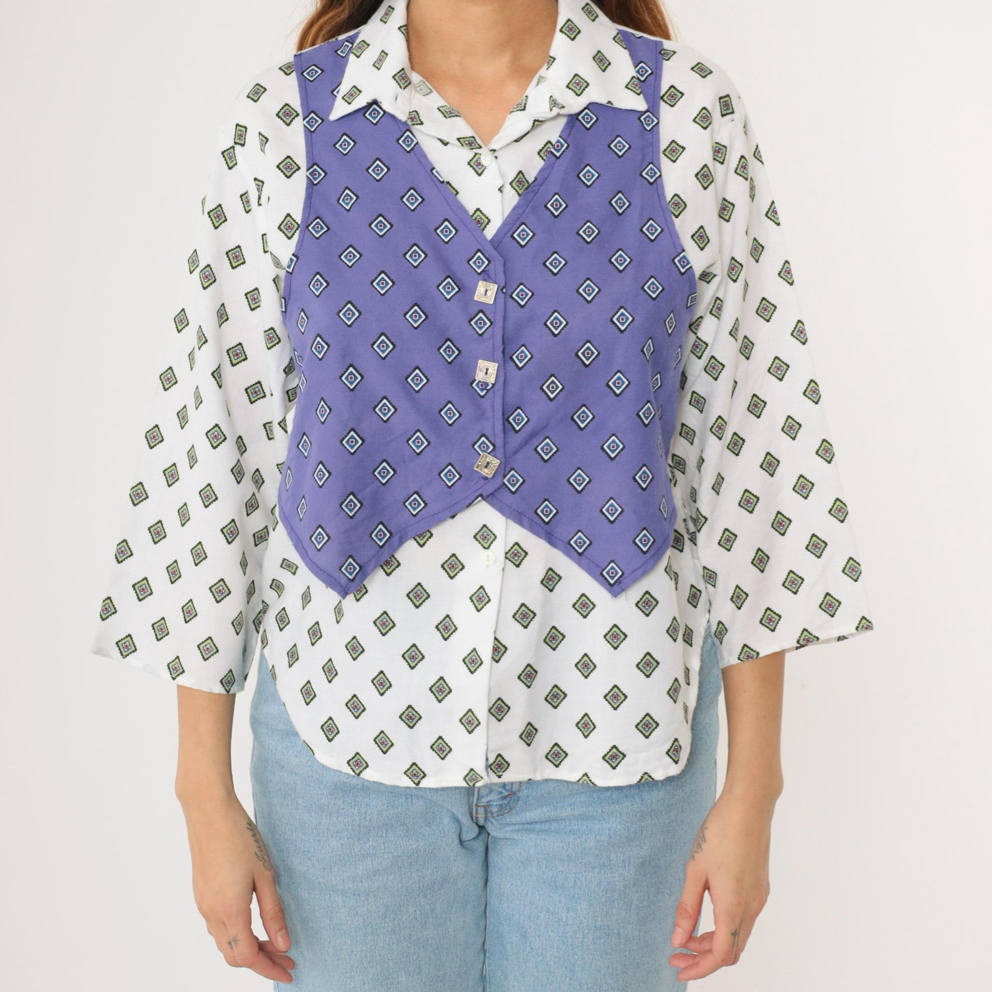 90s New Moves Geometric Button Up Shirt White Purple Attached Vest Medium