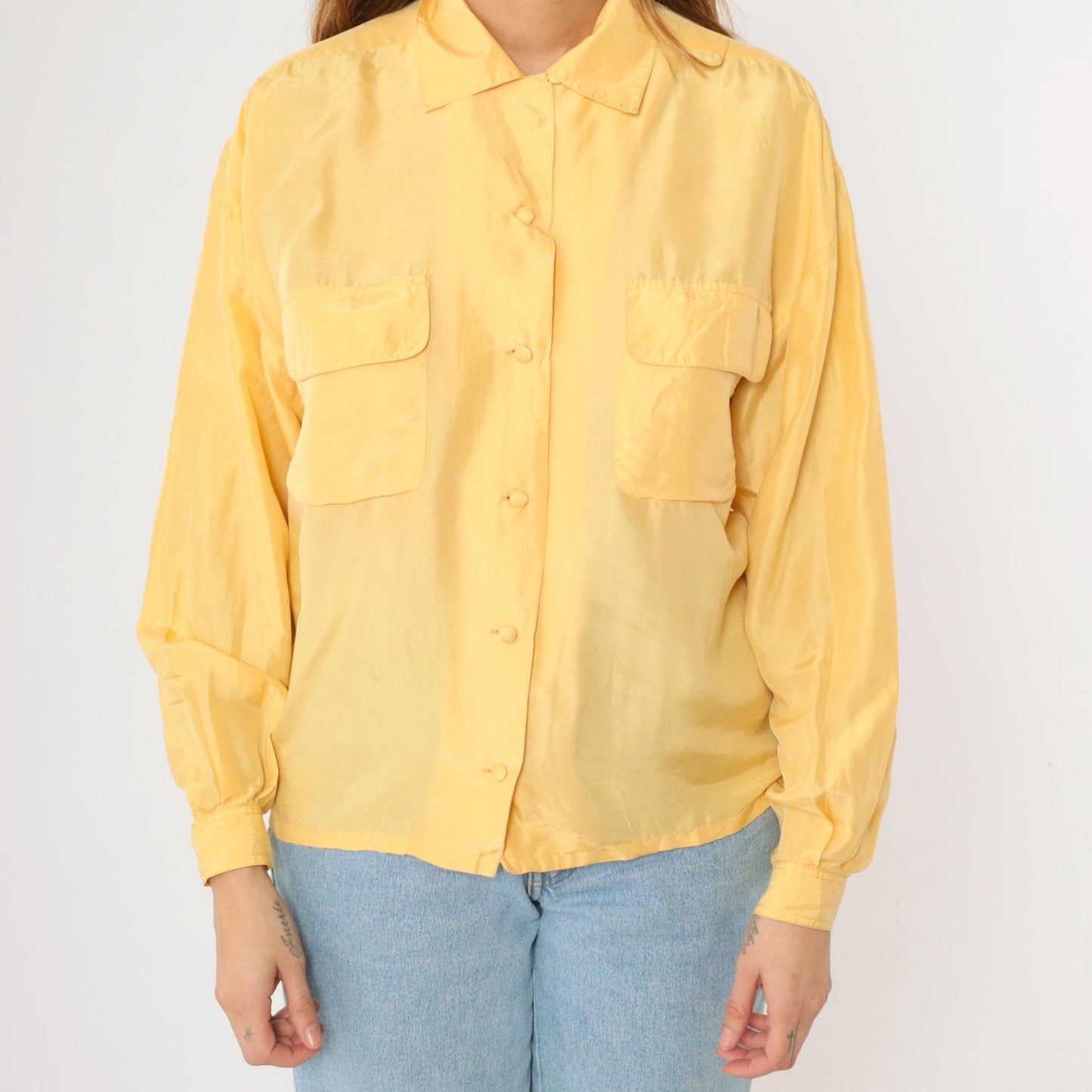 90s Ivy Club Classics Yellow Silk Button-Up Blouse Long Sleeve Small S