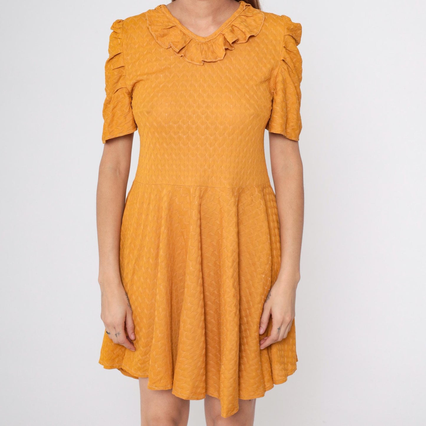 1960s Marigold Orange Mini Dress Puff Sleeves Ruffled Collar Textured Knit Small Medium