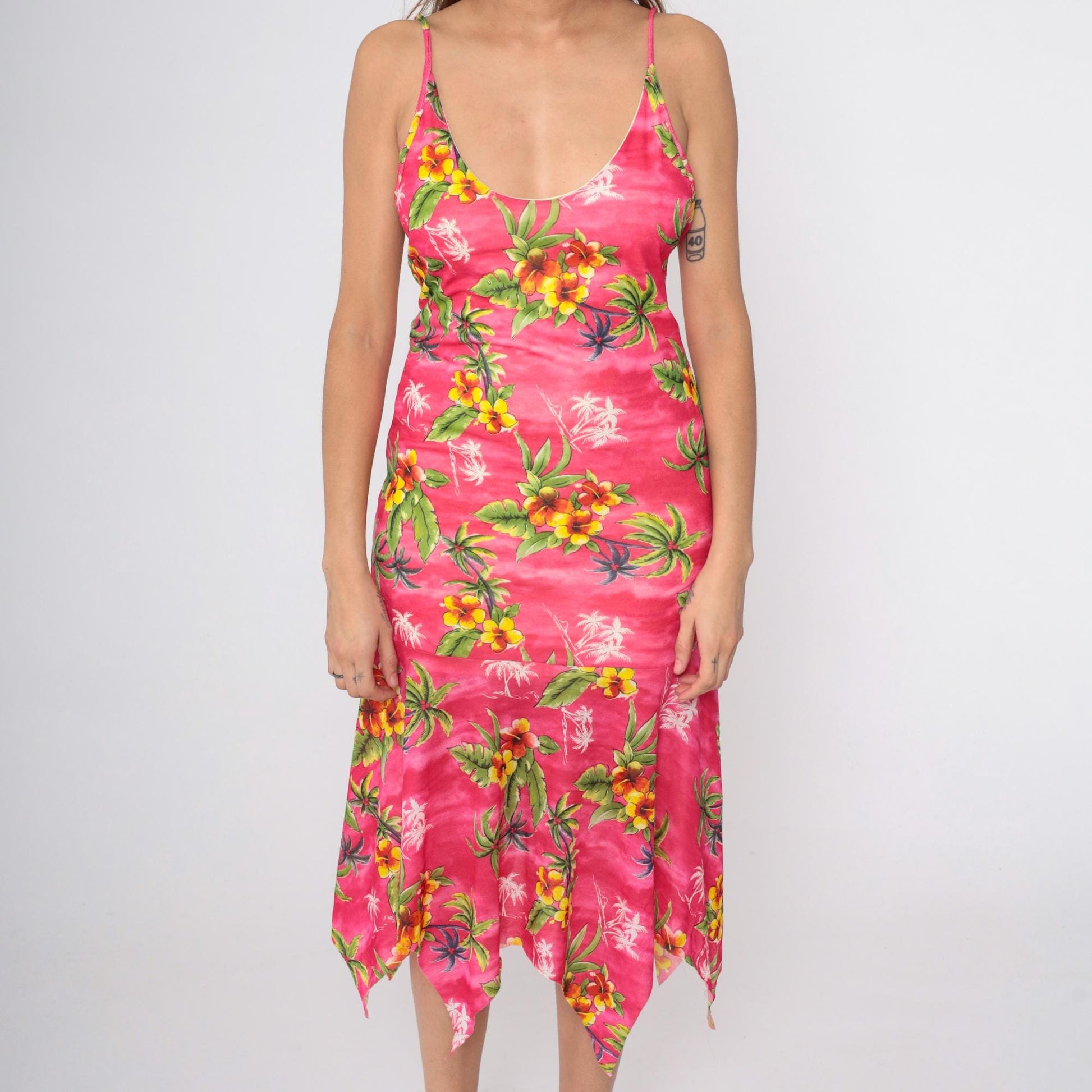 Y2K Pink Hibiscus Floral Midi Dress Bodycon Spaghetti Strap Hanky Hem Small