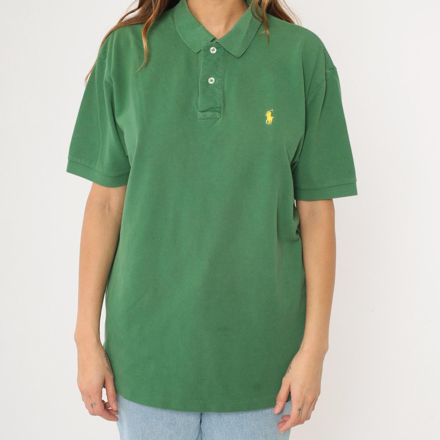 90s Ralph Lauren Polo Shirt Green Cotton Quarter-Button Collared Large L