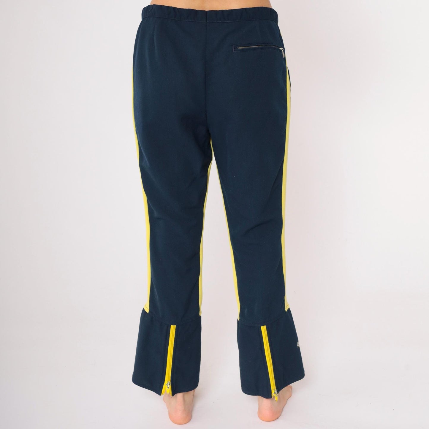 70s Roffe Ski Pants Navy Blue Yellow Striped Flared Snow Pants Medium