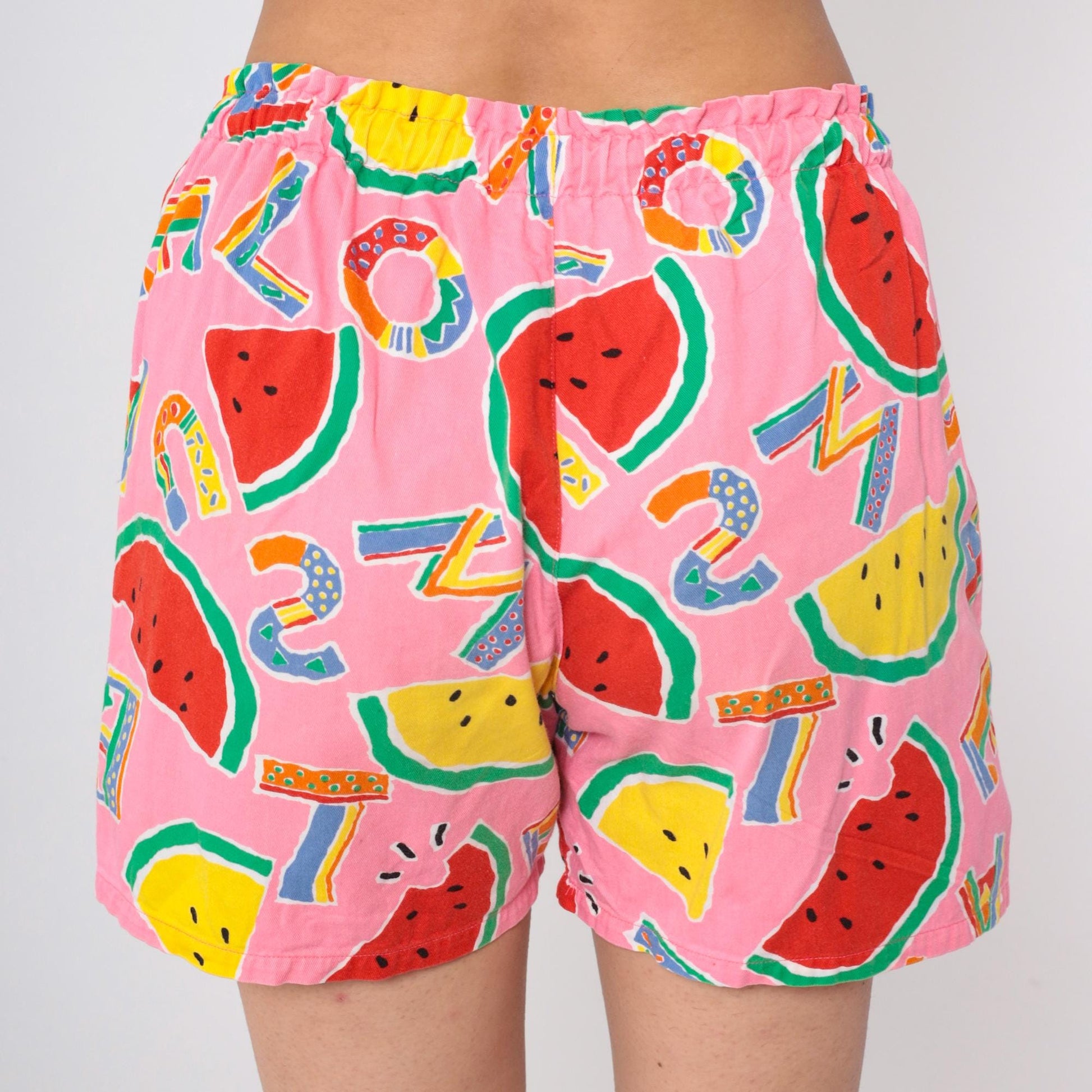 90s Tropical Watermelon Alphabet Print Shorts Pink Drawstring Small Medium