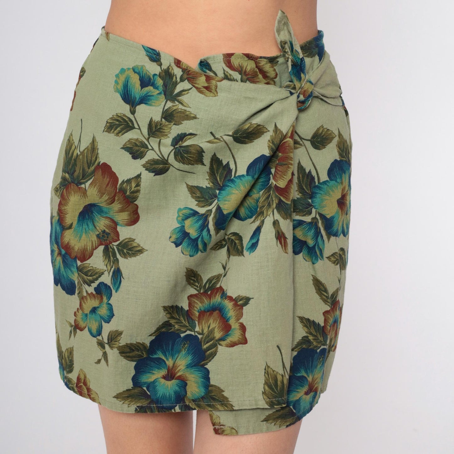 90s Express Tropical Floral Wrap Skirt Green Mini Linen Cotton Small