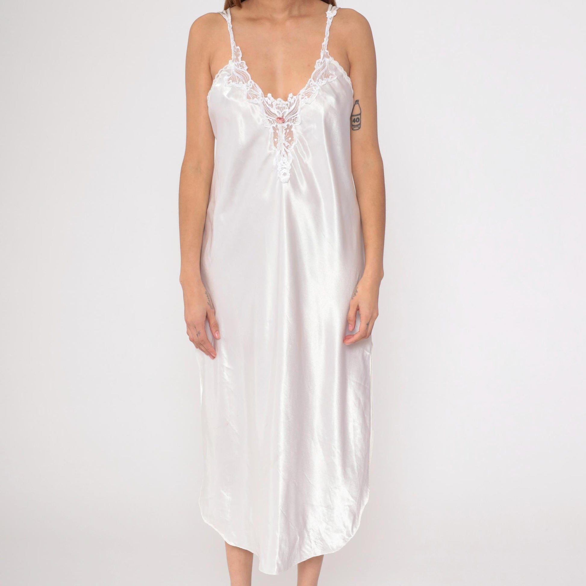 90s White Satin Slip Dress Midi Lace Trim Criss-Cross Back Large