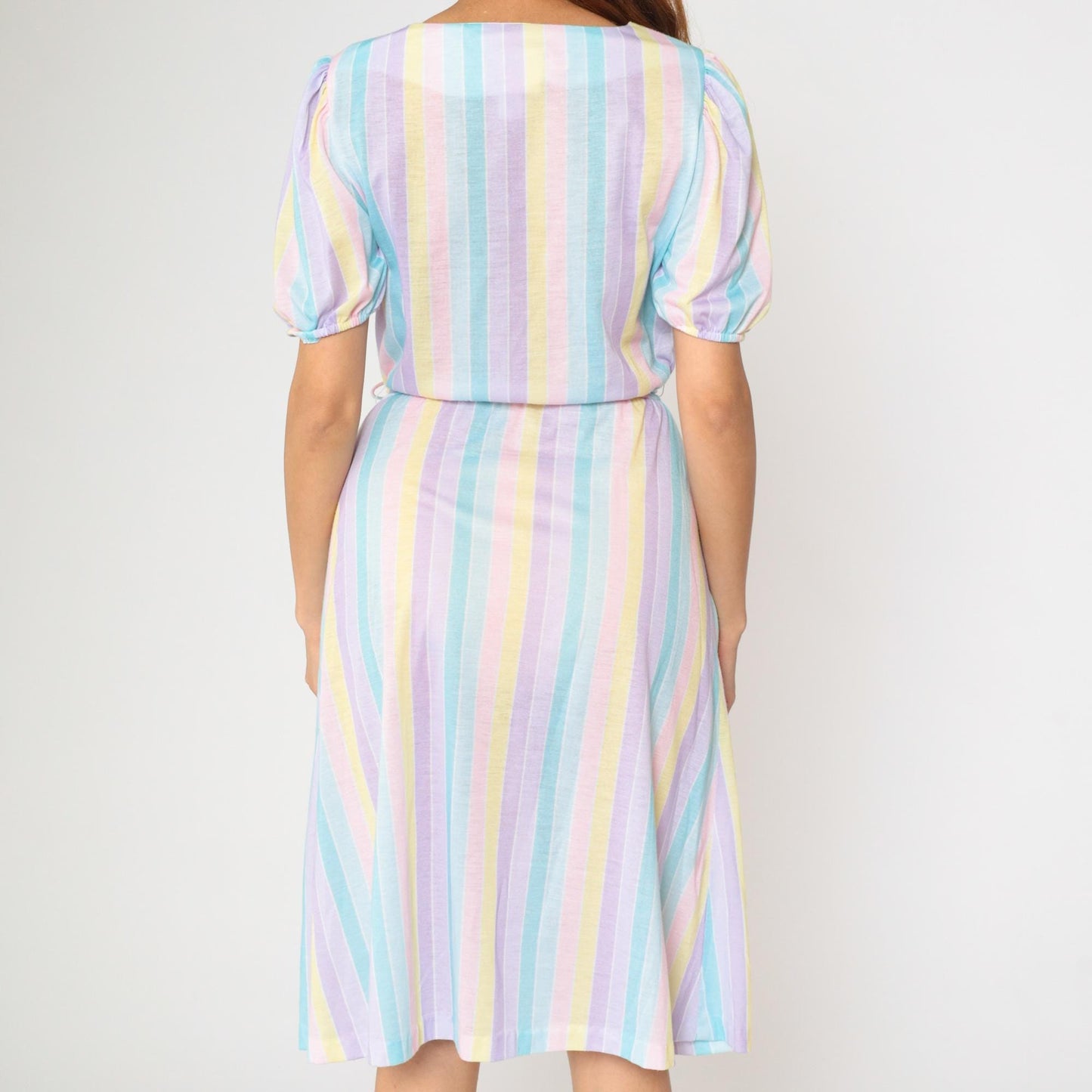 80s Pastel Striped Midi Dress Puff Sleeve Elastic Waist Small Medium