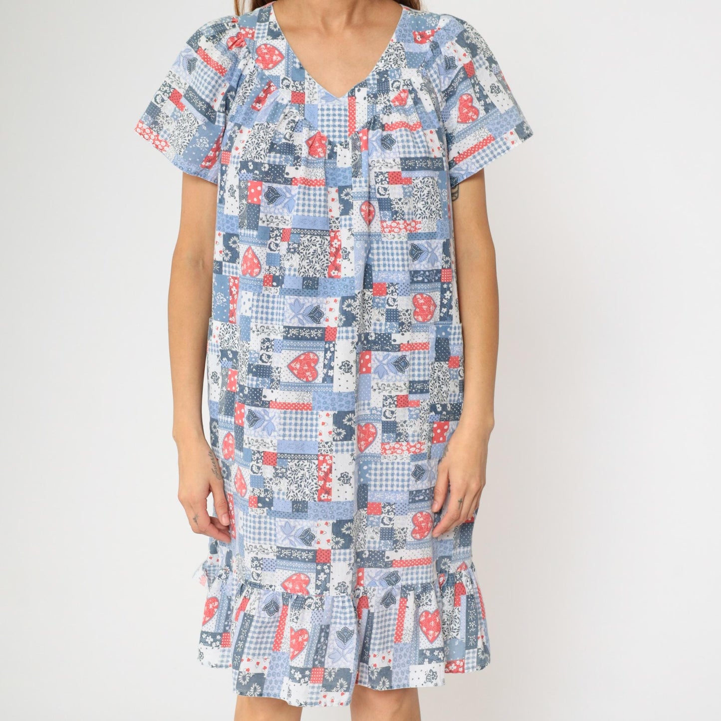 80s Patchwork Floral Heart Print Midi Dress Red White Blue V-Neck Large