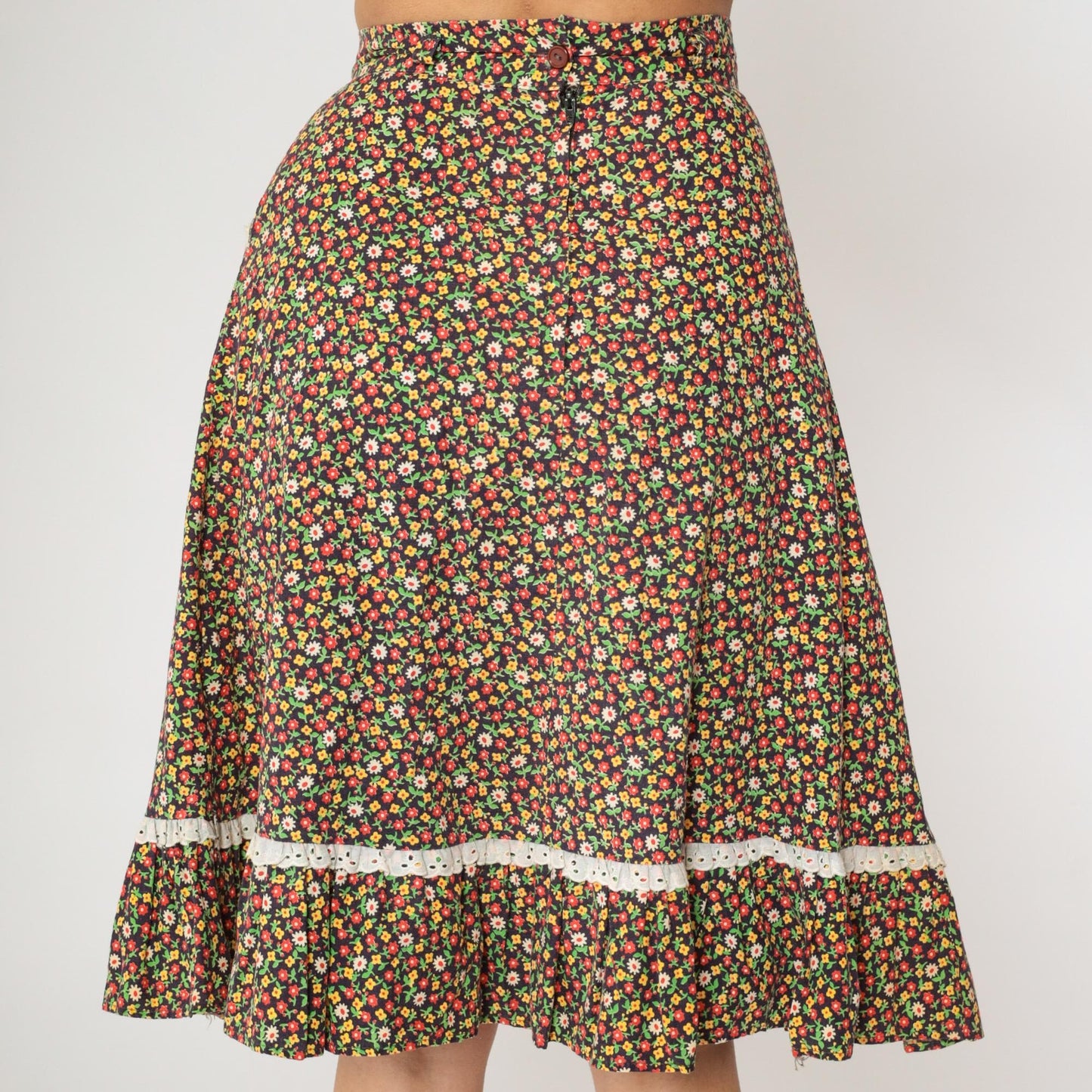 70s Floral Calico Midi Skirt High Waist Eyelet Lace Tiered Ruffle Small