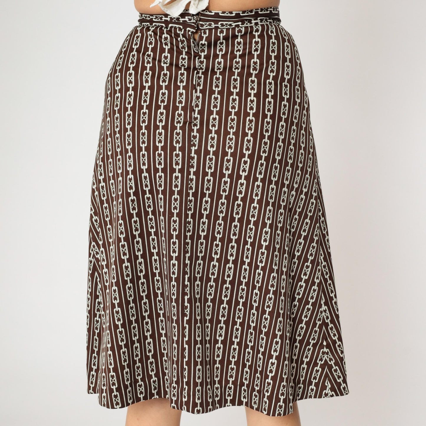60s Brown Chain Print Midi Skirt A-Line High Waist Flared Small