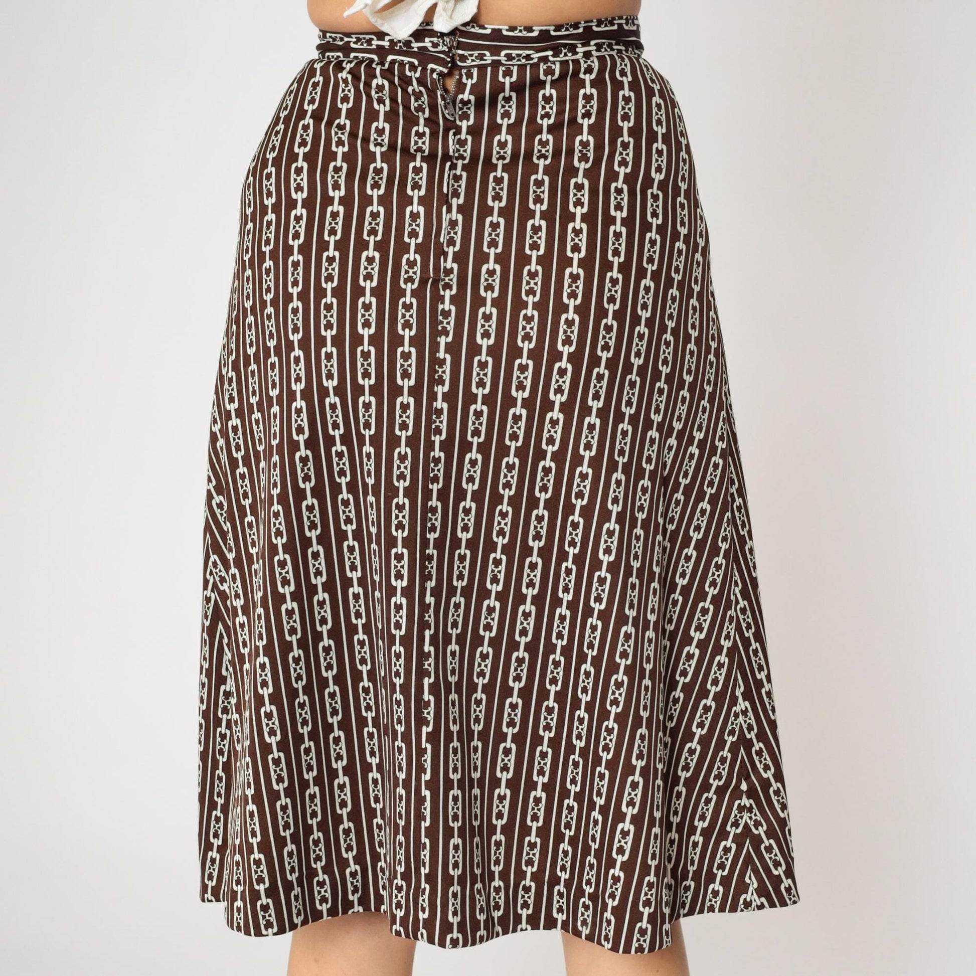 60s Brown Chain Print Midi Skirt A-Line High Waist Flared Small