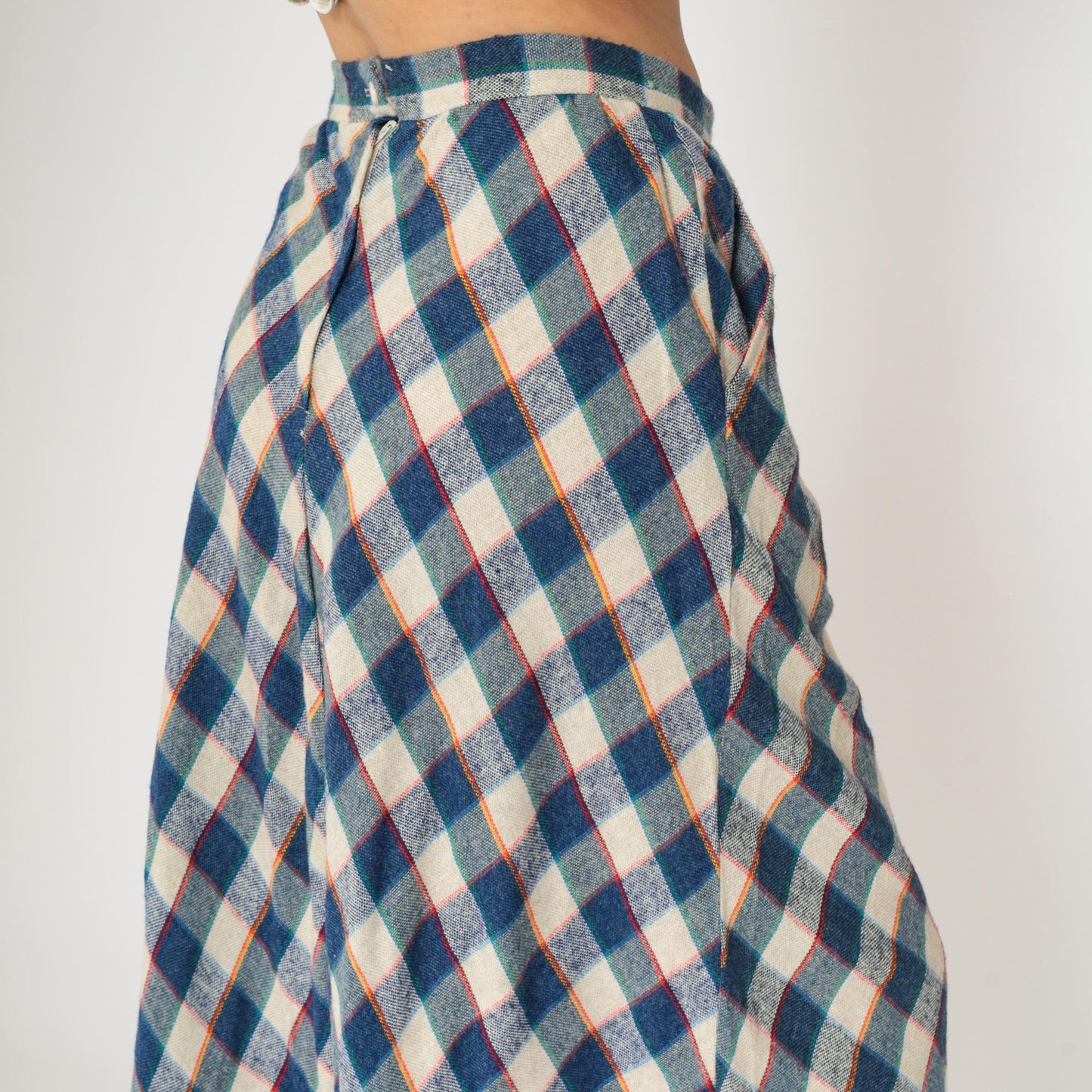 80s Blue Cream Checkered Skirt High Waist Knee Length Medium