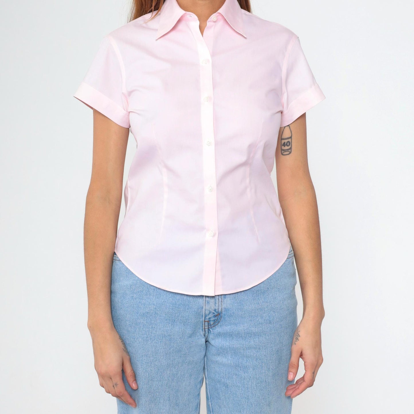 90s Brooks Brothers Baby Pink Cotton Button-Up Blouse Short Sleeve Petite 2P