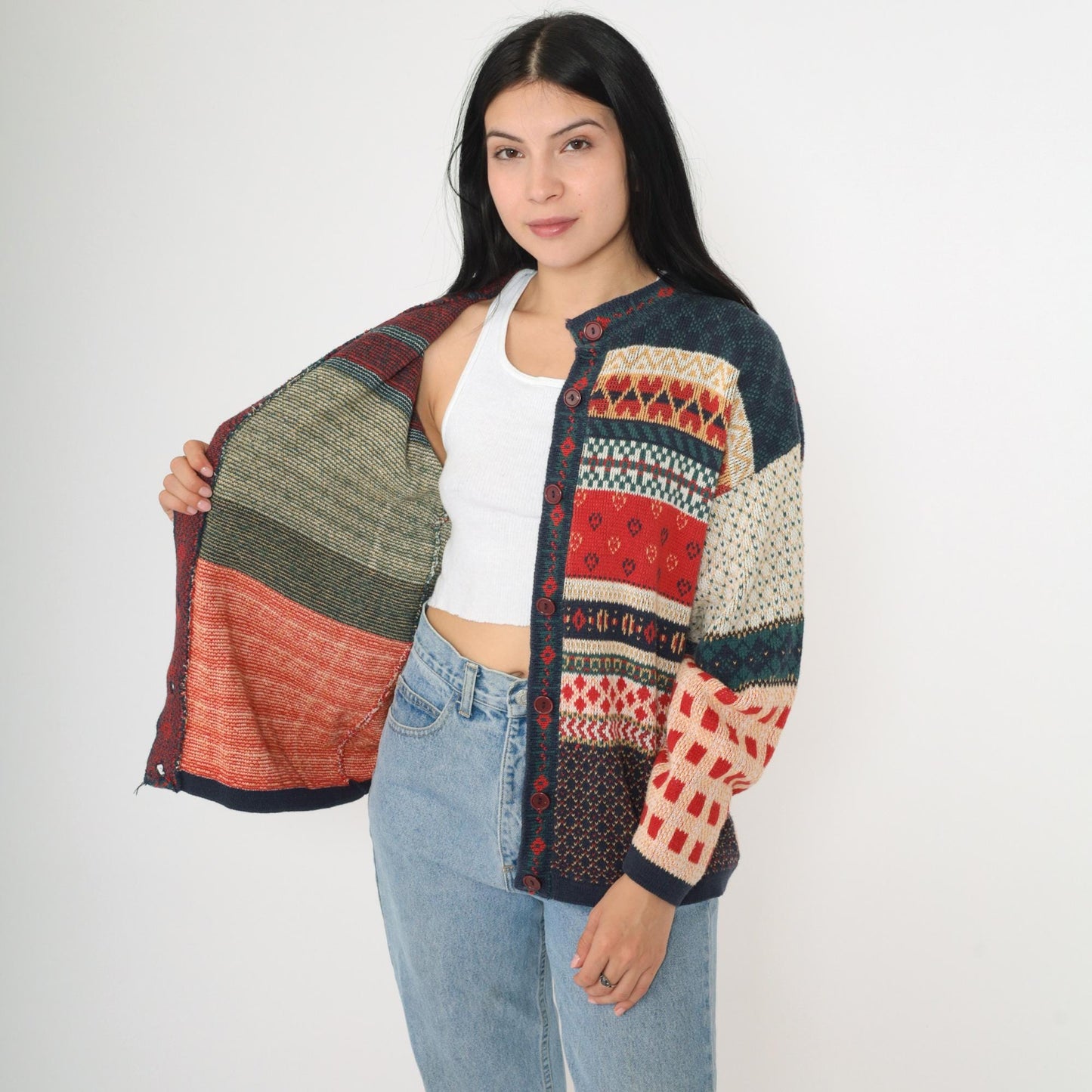 90s Cabin Creek Patchwork Cardigan Checkered Heart Print Button Up Medium