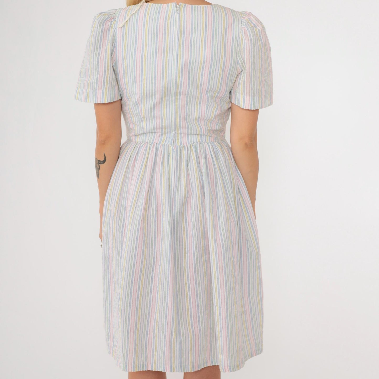 80s Striped Puff Sleeve Dress High Waisted Button Front Midi Green Pink Blue Extra Small