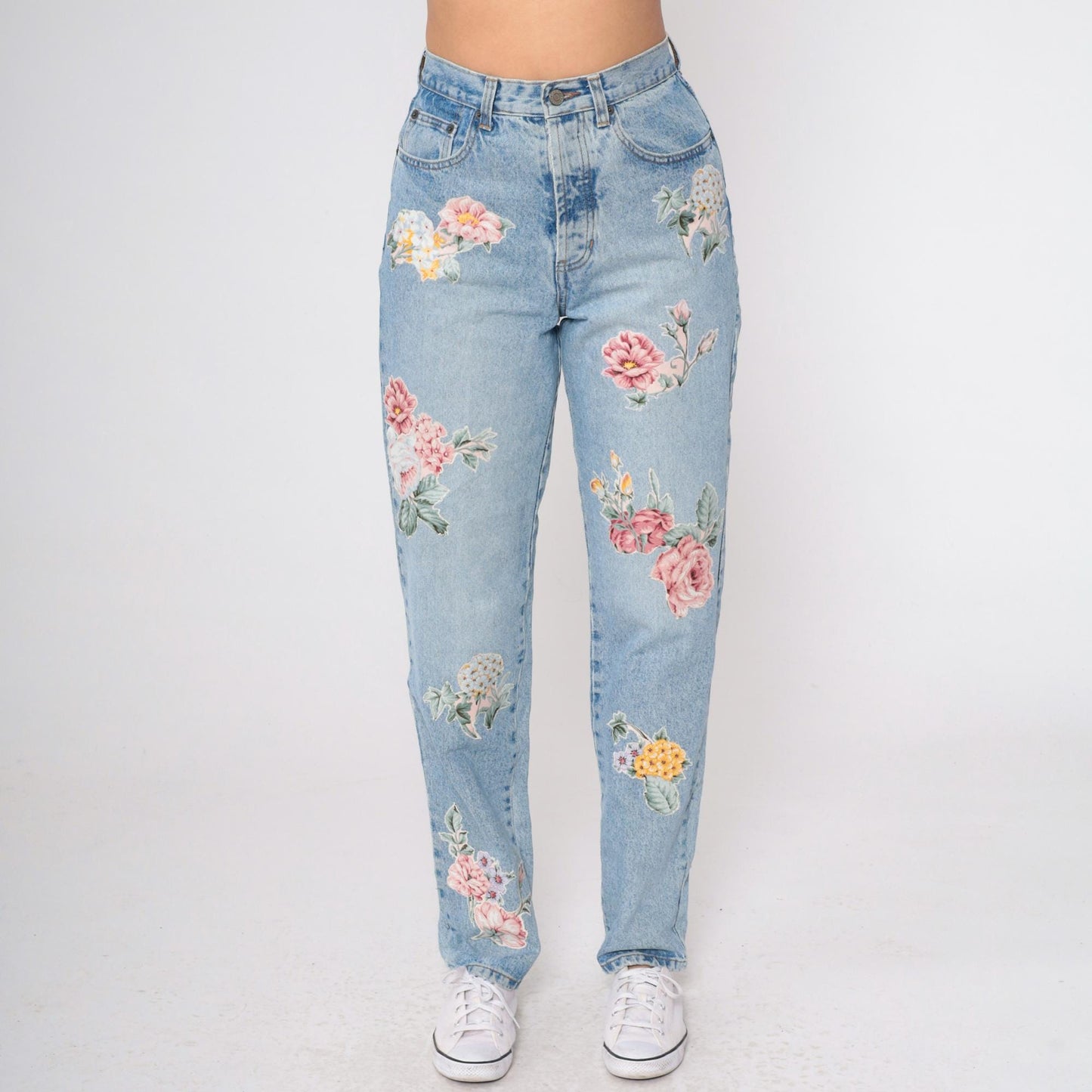 90s Floral Appliqué Light Wash Jeans High Waist Tapered Denim Small Long