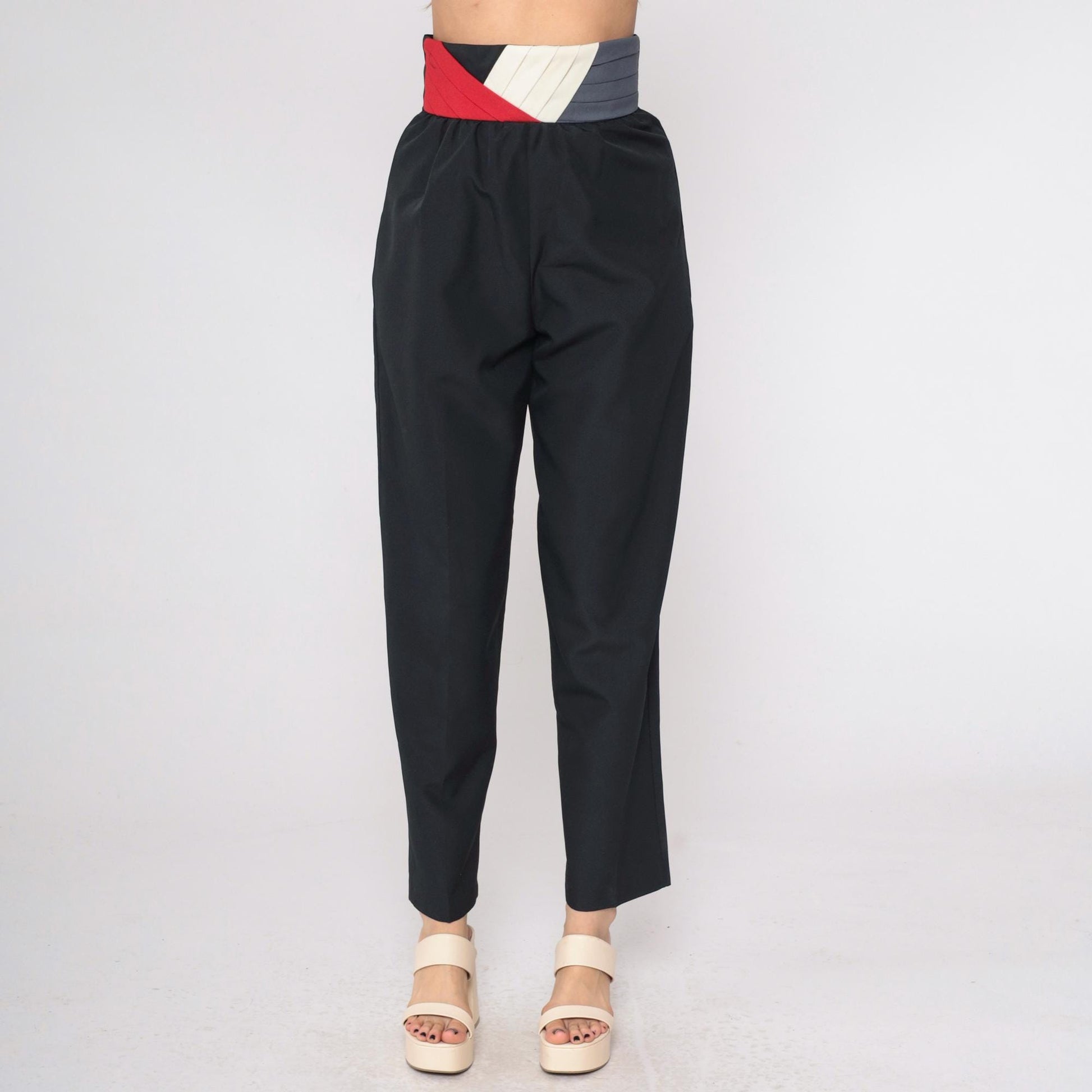 80s Black Tapered Trousers High Waist Colour Block Waistband Size 9