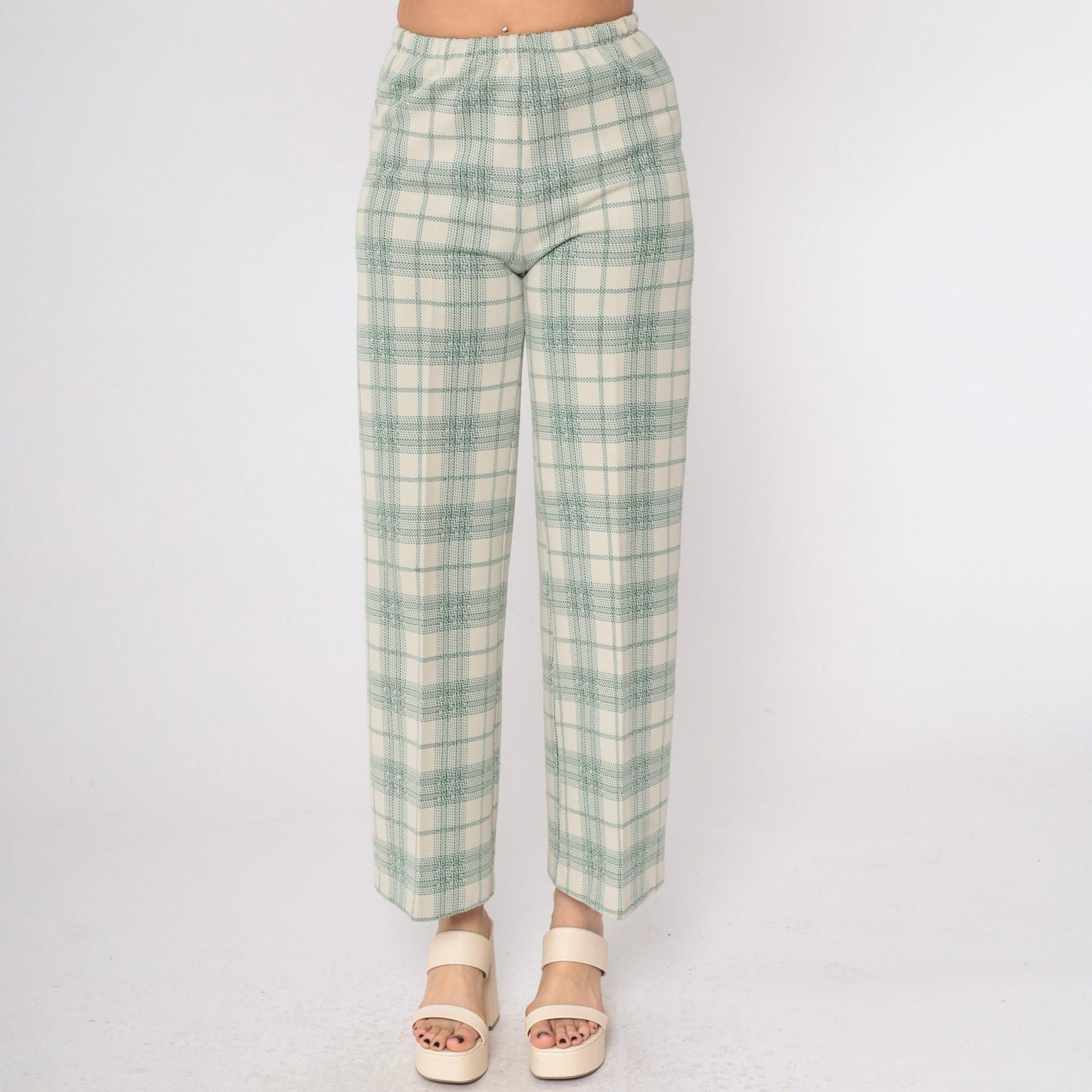 70s Plaid High-Waisted Trousers Cream Green Checkered Straight Leg Small