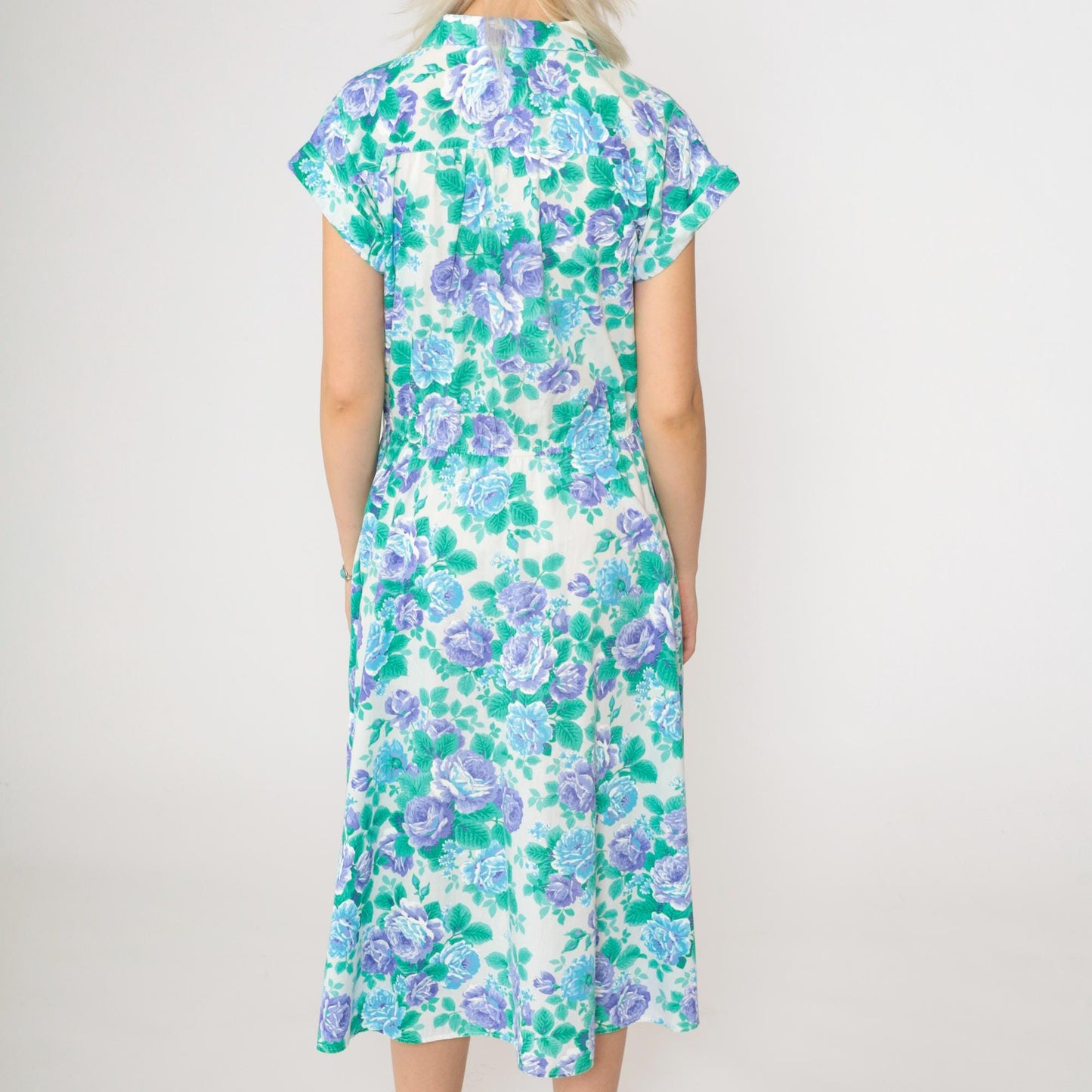 80s Floral Midi Dress Purple Rose Print High Waist Button Up Cap Sleeve Medium