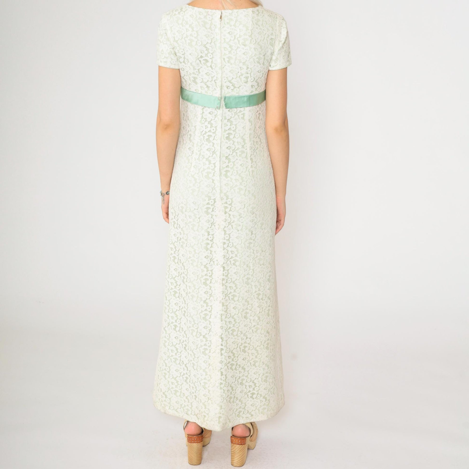 60s White Lace Maxi Dress Empire Waist Green Ribbon Short Sleeve Extra Small XS