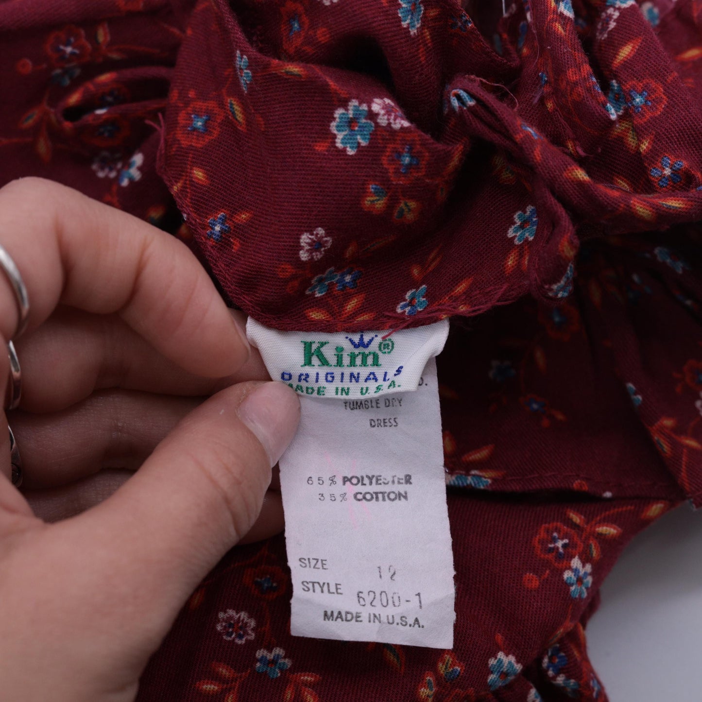 70s Kim Originals Floral Ruffle Mini Dress Burgundy High Waist Bow Neck 2XS