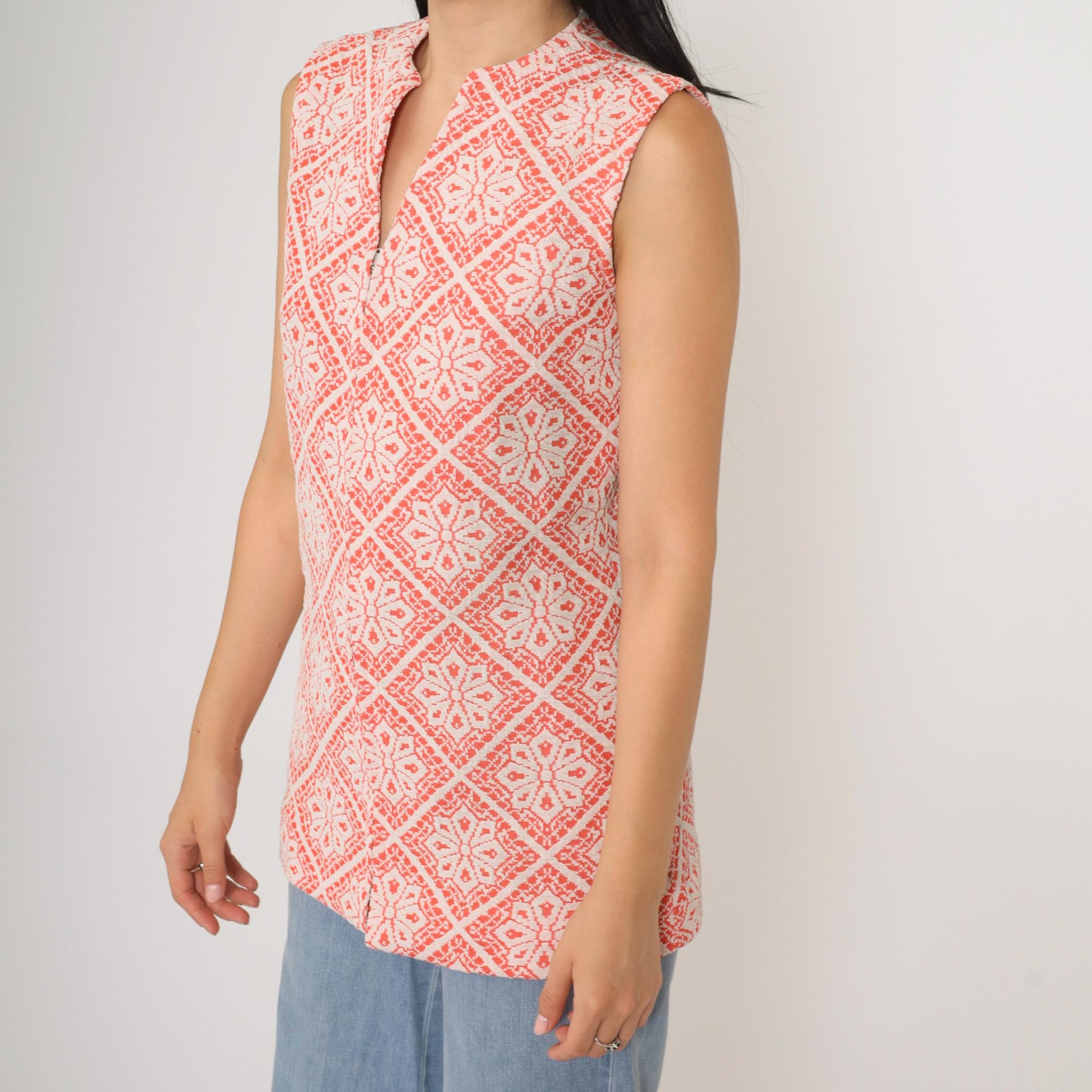 70s Peck & Peck Floral Tank Top Sleeveless Front Zip Polyester Orange Small S