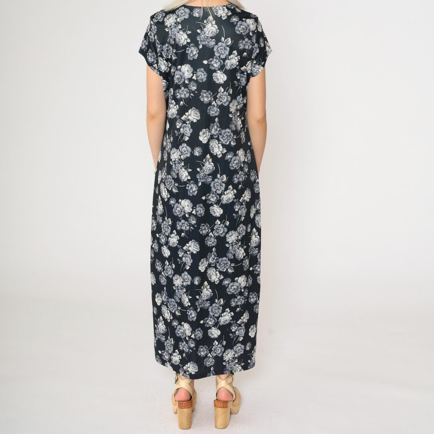 90s No Boundaries Black Floral Maxi Dress Rose Print V-Neck Short Sleeve Large L