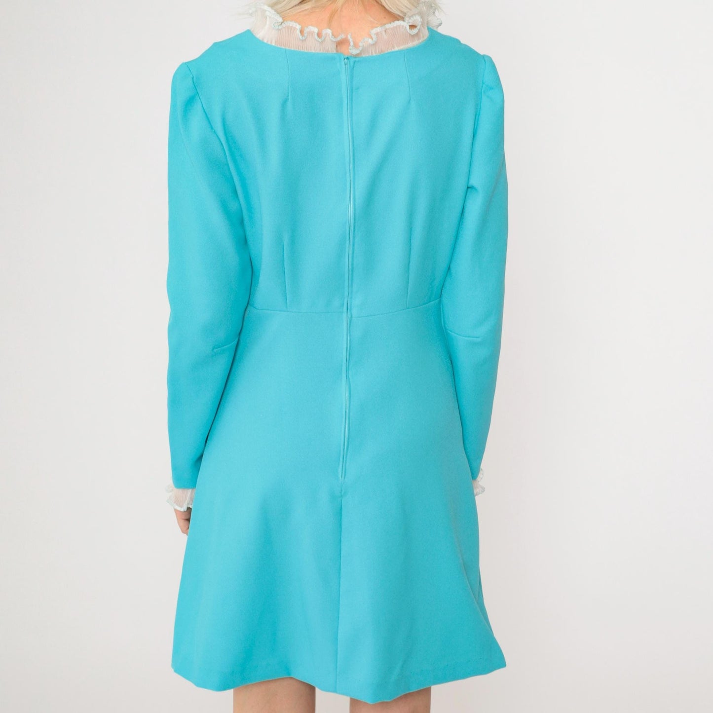 70s Babydoll Mini Dress Blue Empire Waist Ruffled V-Neck Long Sleeve Small