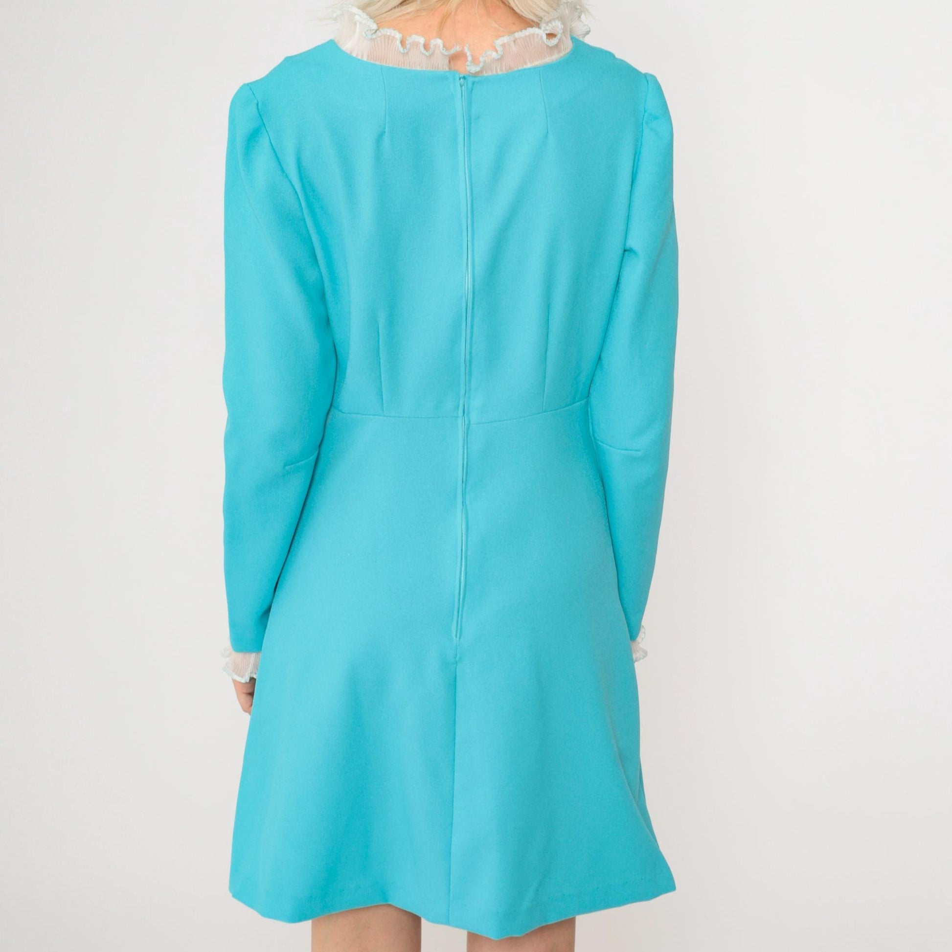 70s Babydoll Mini Dress Blue Empire Waist Ruffled V-Neck Long Sleeve Small