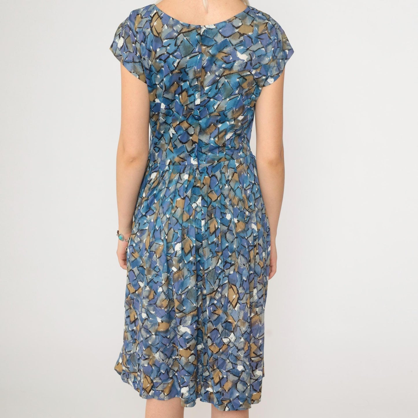 60s Sears Abstract Mosaic Midi Dress High Waisted Pleated Blue Geometric Small
