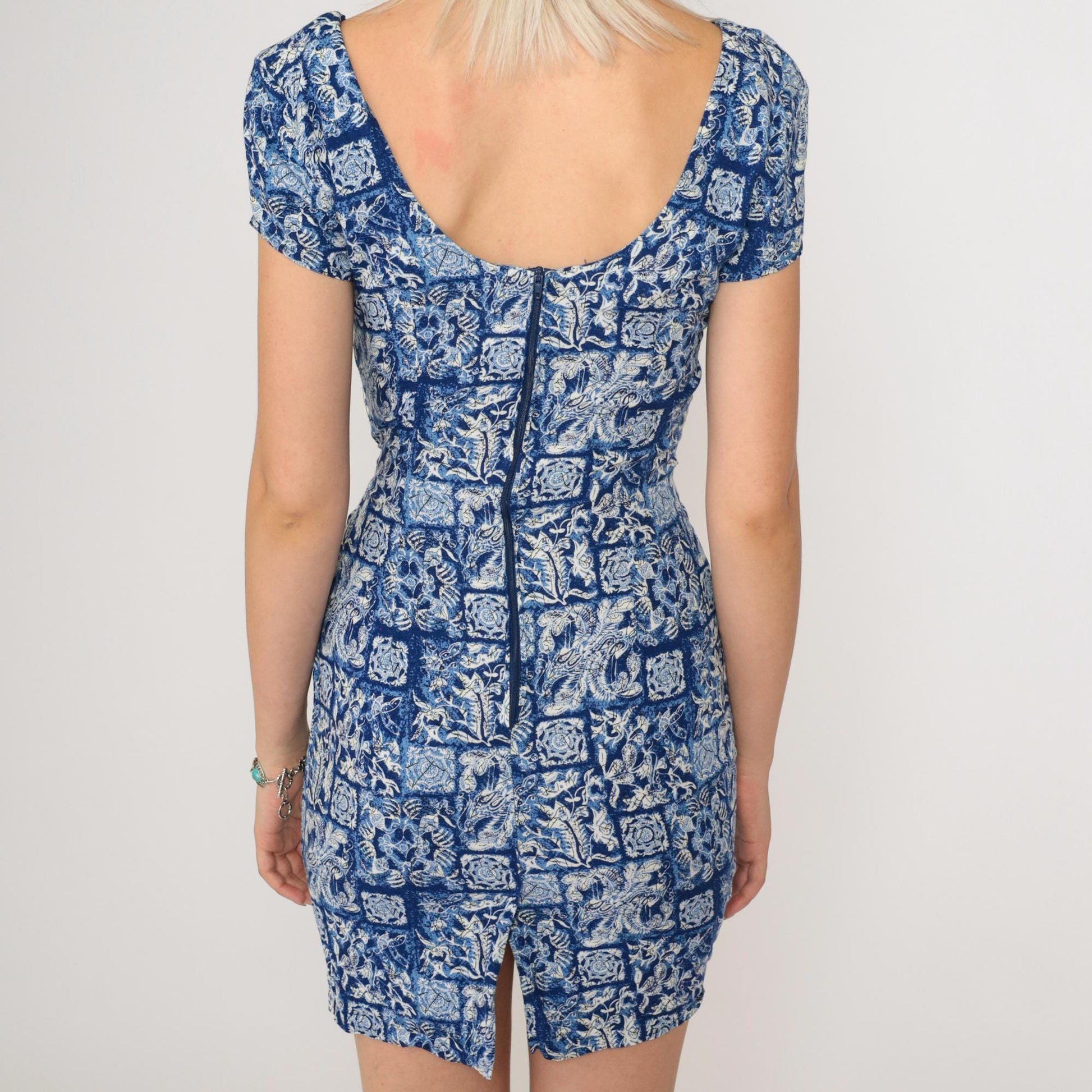 90s Floral Mini Dress Blue Abstract Butterfly Bird Print Wrap Tie Rayon Extra Small